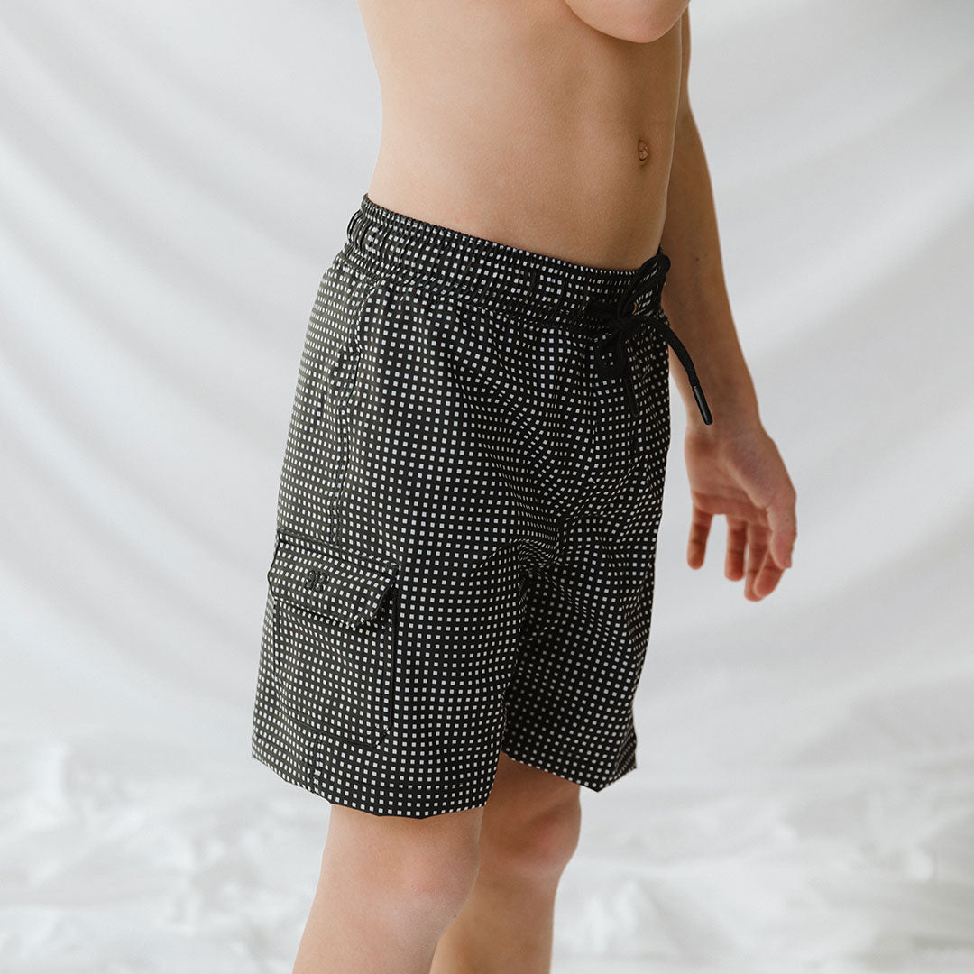 Black Checkers Jr. Swim Trunks for Boys - Quick Dry Swim Shorts with Fun Checkerboard Pattern - Perfect for Pool, Beach & Summer Water Activities