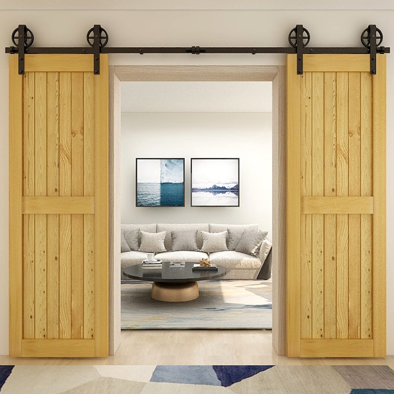 17ft Heavy Duty Double Sliding Barn Door Hardware Kit - Smooth & Quiet Operation - Fits 51