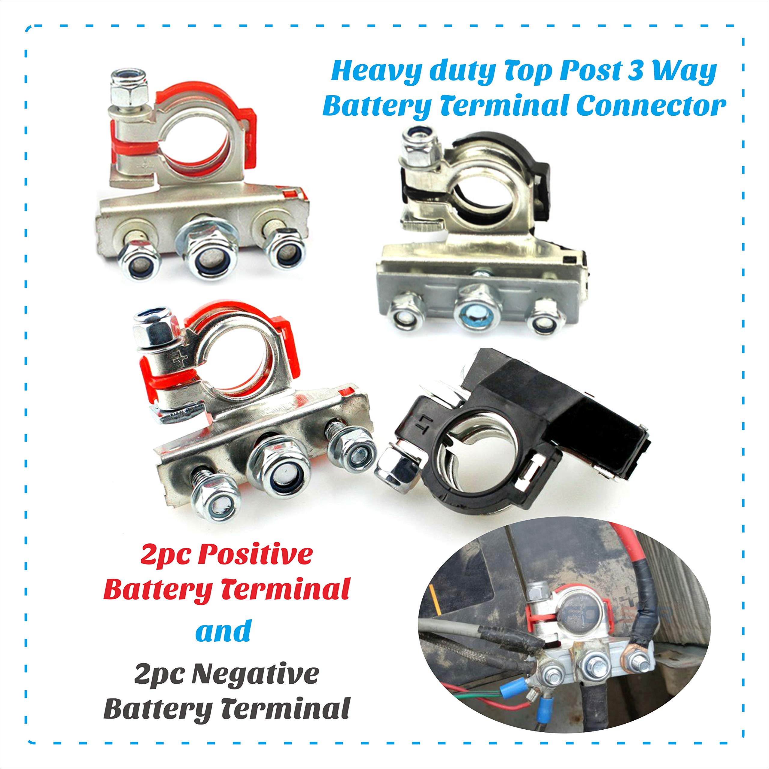 Heavy Duty 3-Way Battery Terminal Connector - 2pc Negative & 2pc Positive Top Post Clamps for Car, Truck, Boat & RV Battery Maintenance & Repair