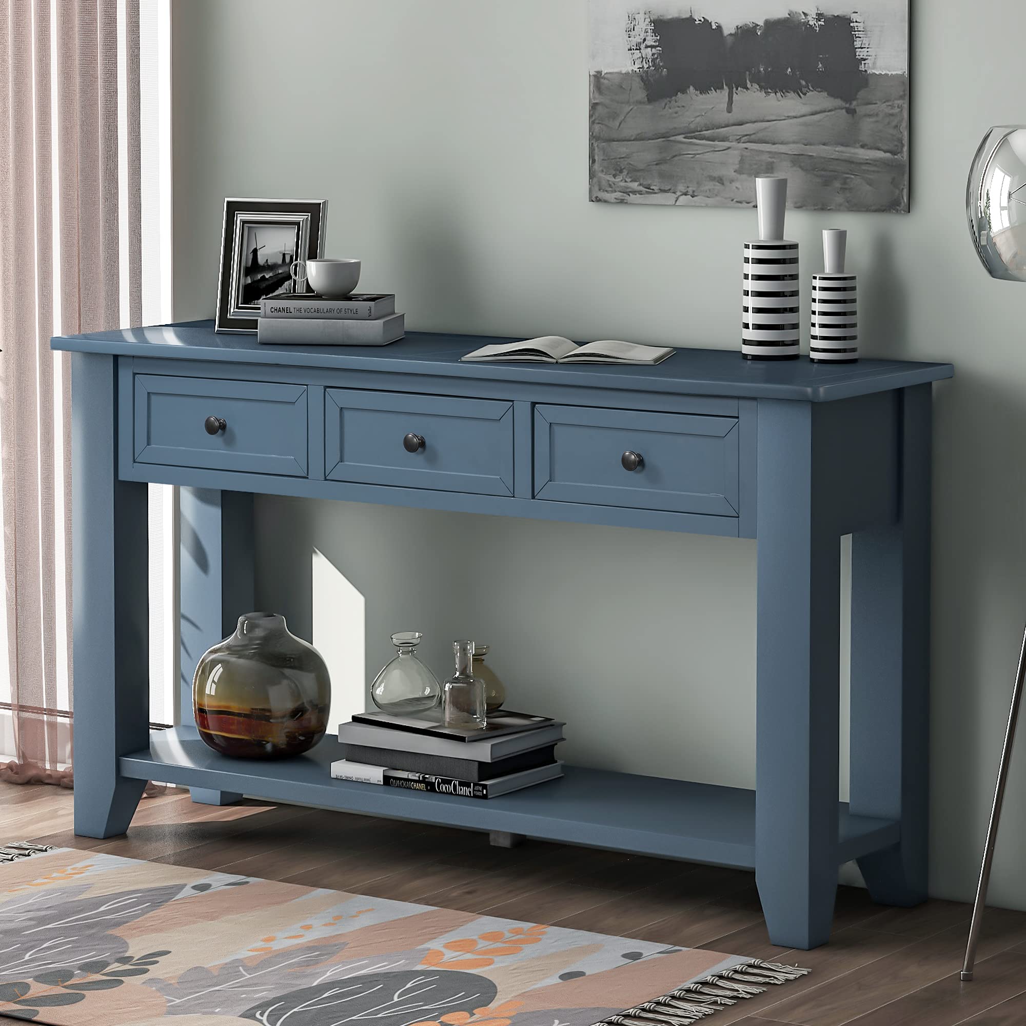 Rhomtree 55 Inch Solid Wood Console Table - Modern Entryway Sofa Table with 3 Drawers & Open Shelf, Sturdy Farmhouse Design for Living Room, Hallway, Kitchen (Blue) | Perfect for Home Decor, Storage & Display