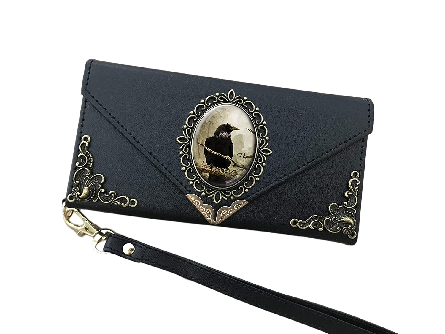 Gothic Crow Leather Wallet Phone Case for iPhone X XS XR 11 12 13 14 Pro Max & Galaxy S23 S22 S21 S20 Ultra S10 S9 Note 20 8 9 10 Plus - Slim RFID Blocking Card Holder with Kickstand (DC045) - Perfect for Daily Use, Travel & Gothic Fashion Accessories