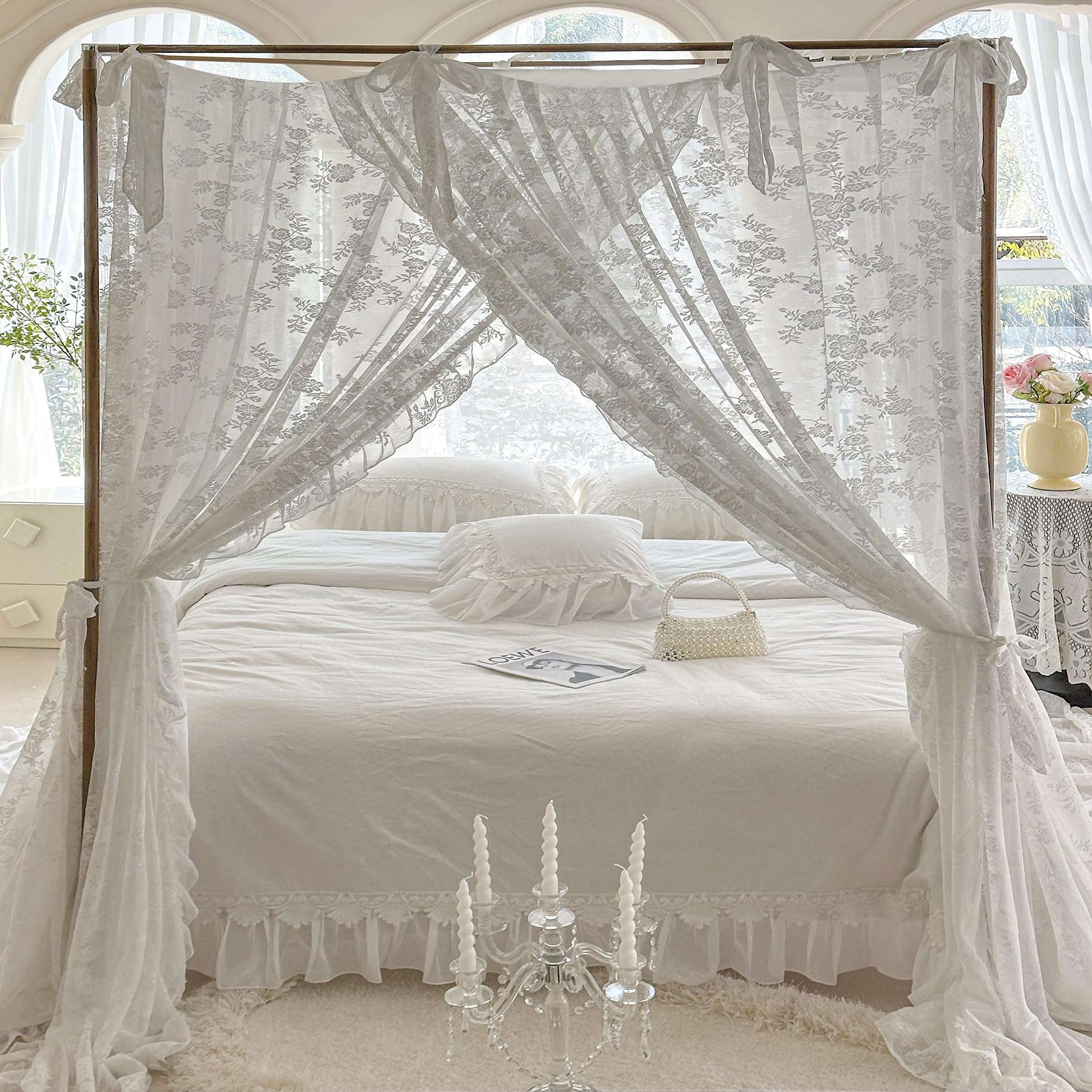 Elegant White Sheer Canopy Bed Curtains with Tie Backs - Bedroom Decor Drapes for Queen/King Size Beds | Perfect for Romantic Bedroom Makeover, Wedding Decor & Boho Chic Style