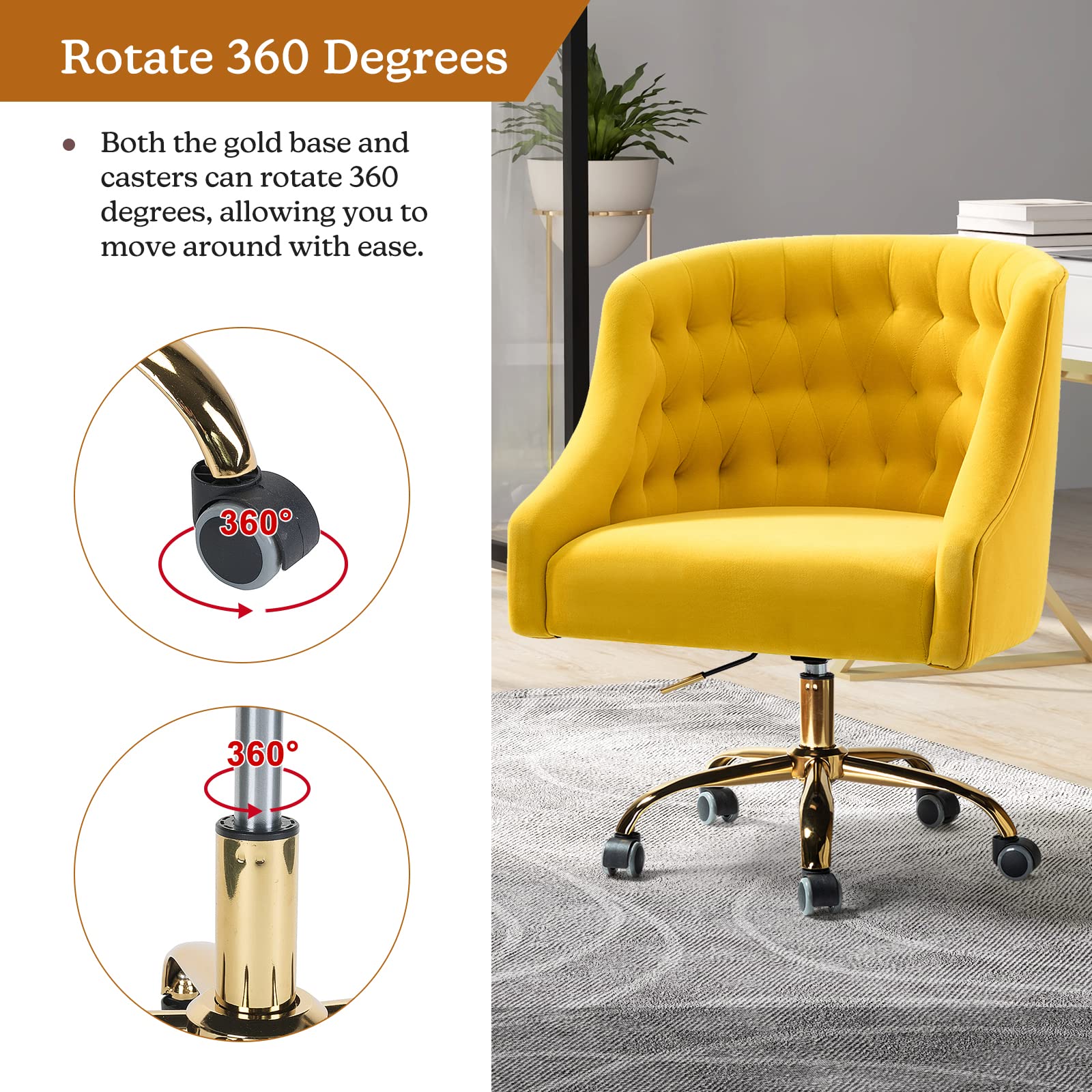Luxury Velvet Home Office Chair with Gold Base - Adjustable Swivel Task Chair for Living Room, Bedroom & Study - Modern Ergonomic Desk Chair for Women - Perfect for Work From Home, Gaming & Vanity Areas (Yellow)