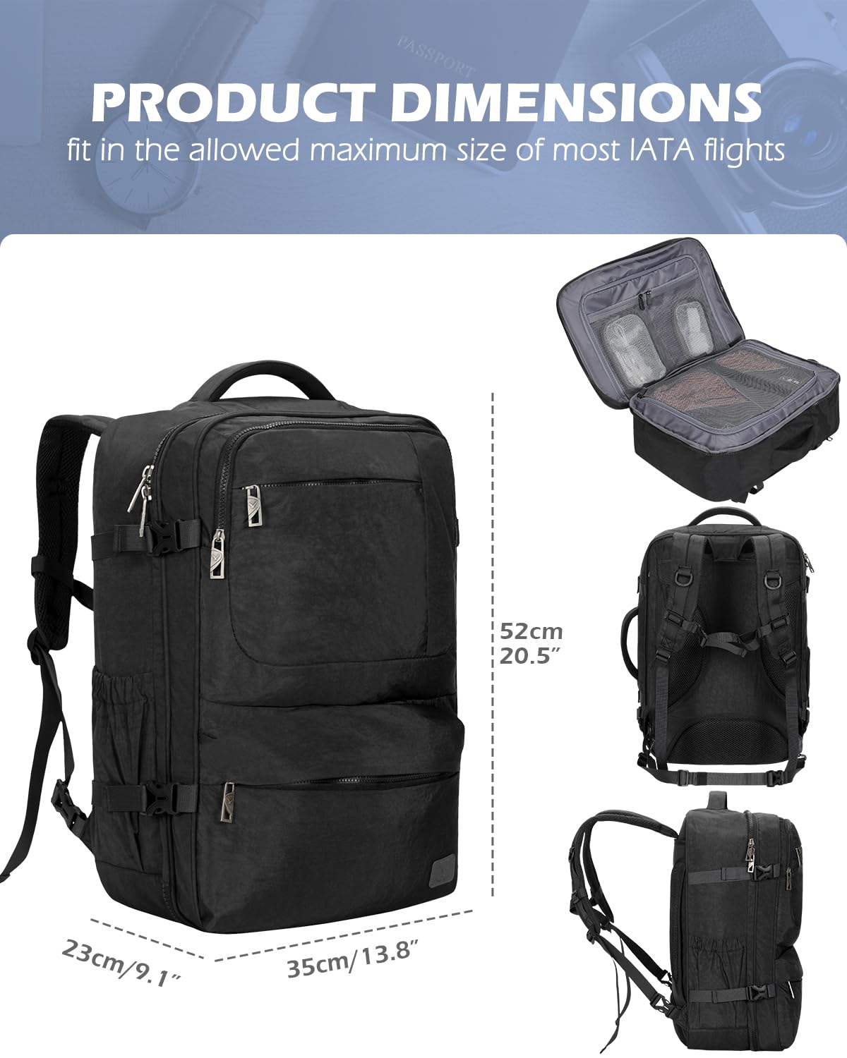 Hynes Eagle 44L Airline Approved Carry On Backpack for Men & Women - Large 17 Inch Laptop Travel Backpack, Nylon Weekender Overnight Bag (Black) - Perfect for Business Trips, Weekend Getaways & Air Travel