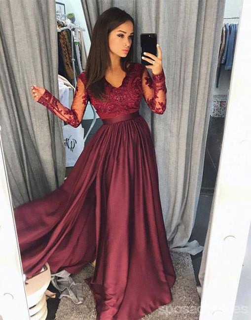 Elegant Long Sleeve Lace Maroon A-Line Evening Dress with Side Slit - Custom Prom Party Gown for Women | Perfect for Formal Events, Weddings & Special Occasions