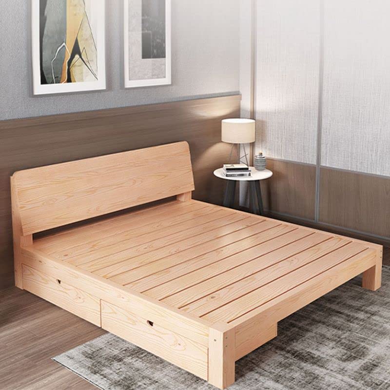 Scandinavian Solid Wood Twin XL Bed Frame with Rectangular Headboard & Pull-Out Storage - Natural Finish for Boys & Girls Bedroom | Modern Kids Room Furniture for Small Spaces & Guest Rooms