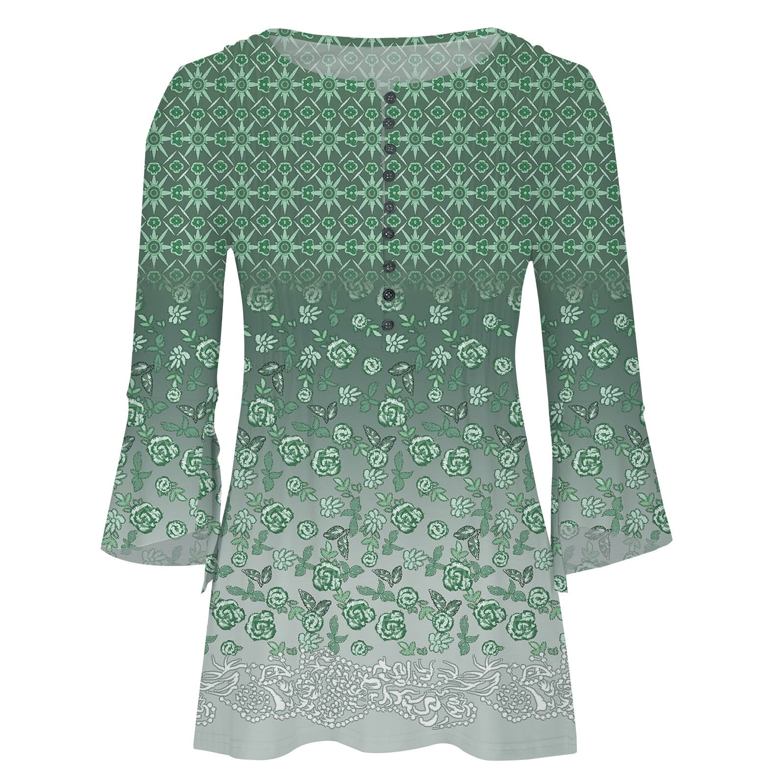 Trendy Women's Summer Tops - 3/4 Sleeve V-Neck Button-Up Blouses with Pleated Floral Design | Casual Wear, Office Outfits & Summer Vacation Style