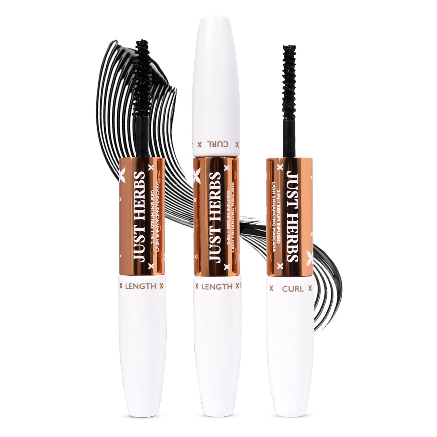 Just Herbs 2-in-1 Serum-infused Lash Enhancing Mascara with Castor Oil & Coconut Oil (8g) - Natural Lengthening & Volumizing for Day & Night Wear