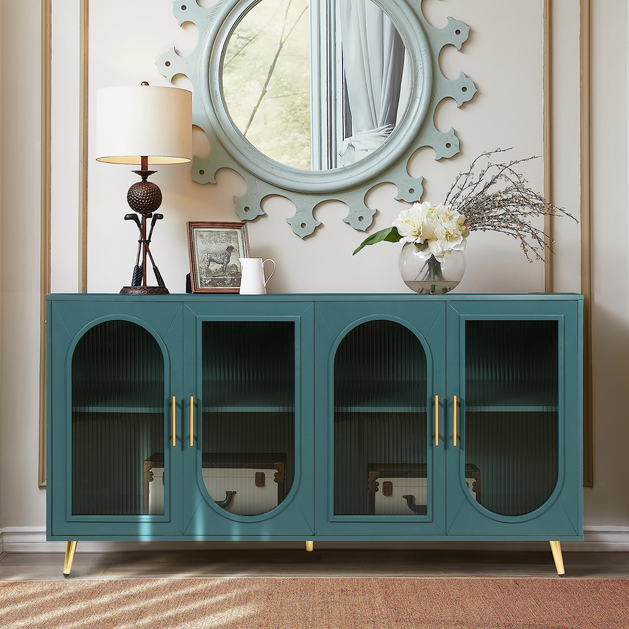 Antique Blue Buffet Sideboard Cabinet with Glass Doors - Freestanding Storage Cabinet for Dining Room, Living Room & Entryway | Large Kitchen Console Table for Home Decor & Organization