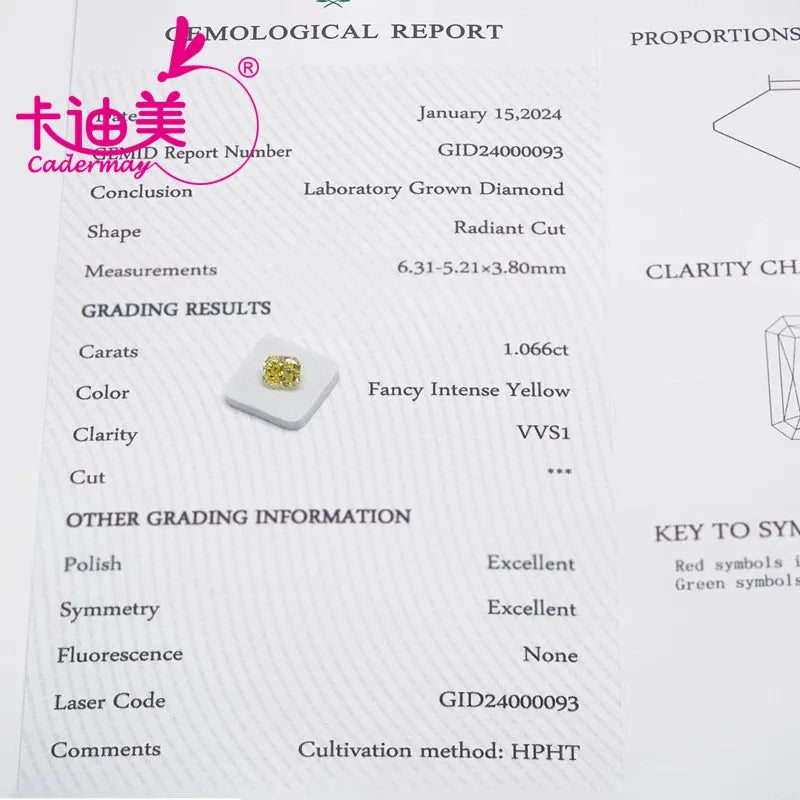 1.066CT Radiant Cut Fancy Yellow VS1 Clarity HTHP Lab Grown Loose Diamond - CADERMAY Gemstone for Jewelry Making, Engagement Rings & Custom Designs