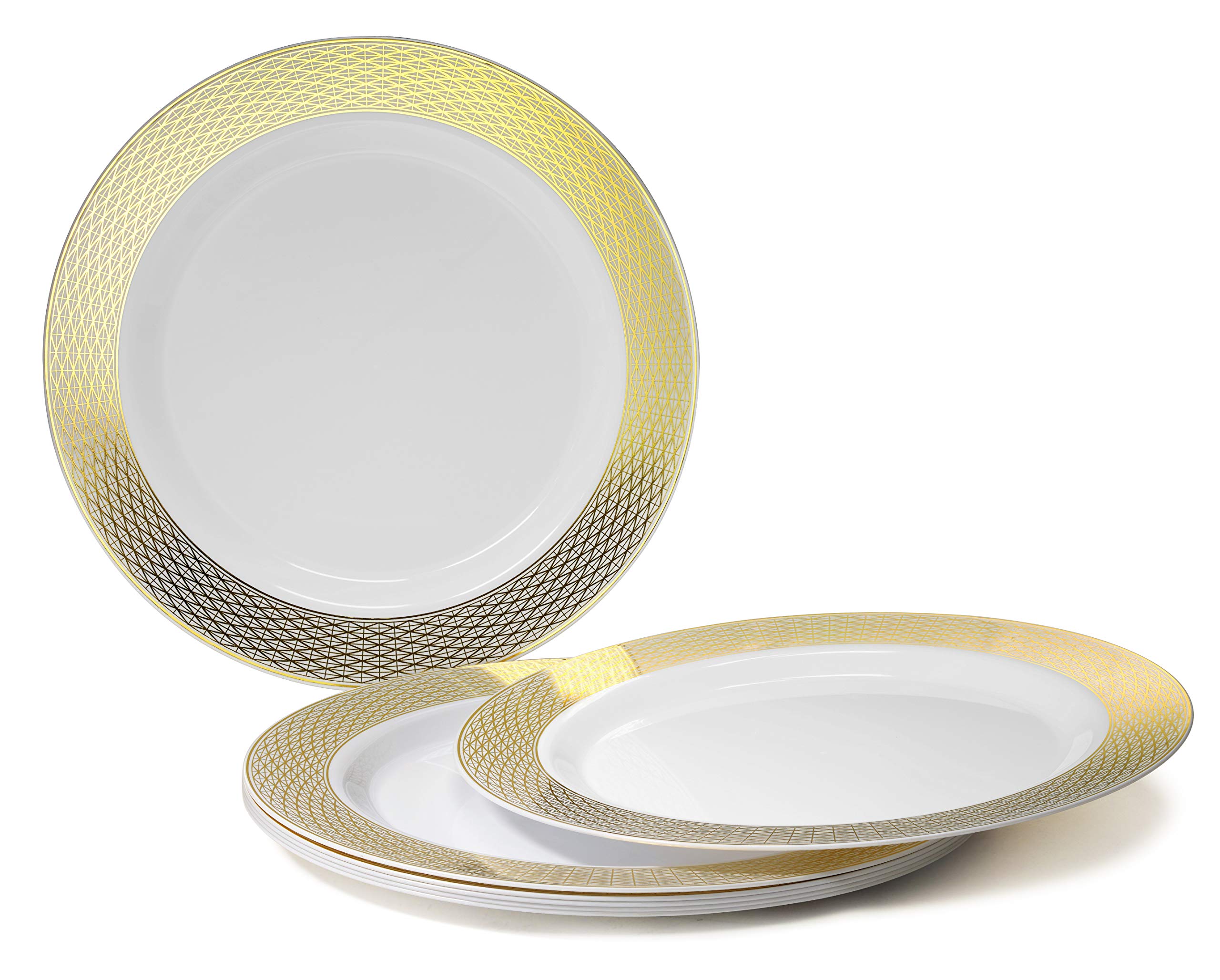 840-Piece Heavyweight Disposable Plastic Plate Set for Weddings & Parties - Includes 120 x 10.5'' Dinner Plates, 120 x 6.25'' Dessert Plates, Gold Silverware, Cups & Napkins in Diamond White & Gold - Perfect for 120 Guests - Ideal for Wedding Receptions, Bridal Showers & Large Events