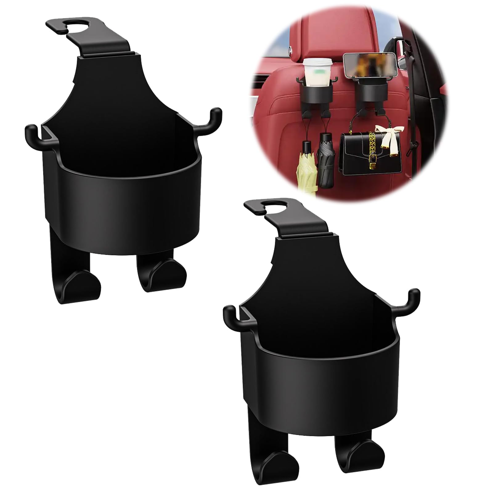 2024 Upgraded 3-in-1 Car Seat Back Hook - Multi-Functional Headrest Hook with Phone Holder & Cup Holder - Durable Purse Hanger for Car (2 Pack) - Perfect for Road Trips, Daily Commutes & Organized Car Storage
