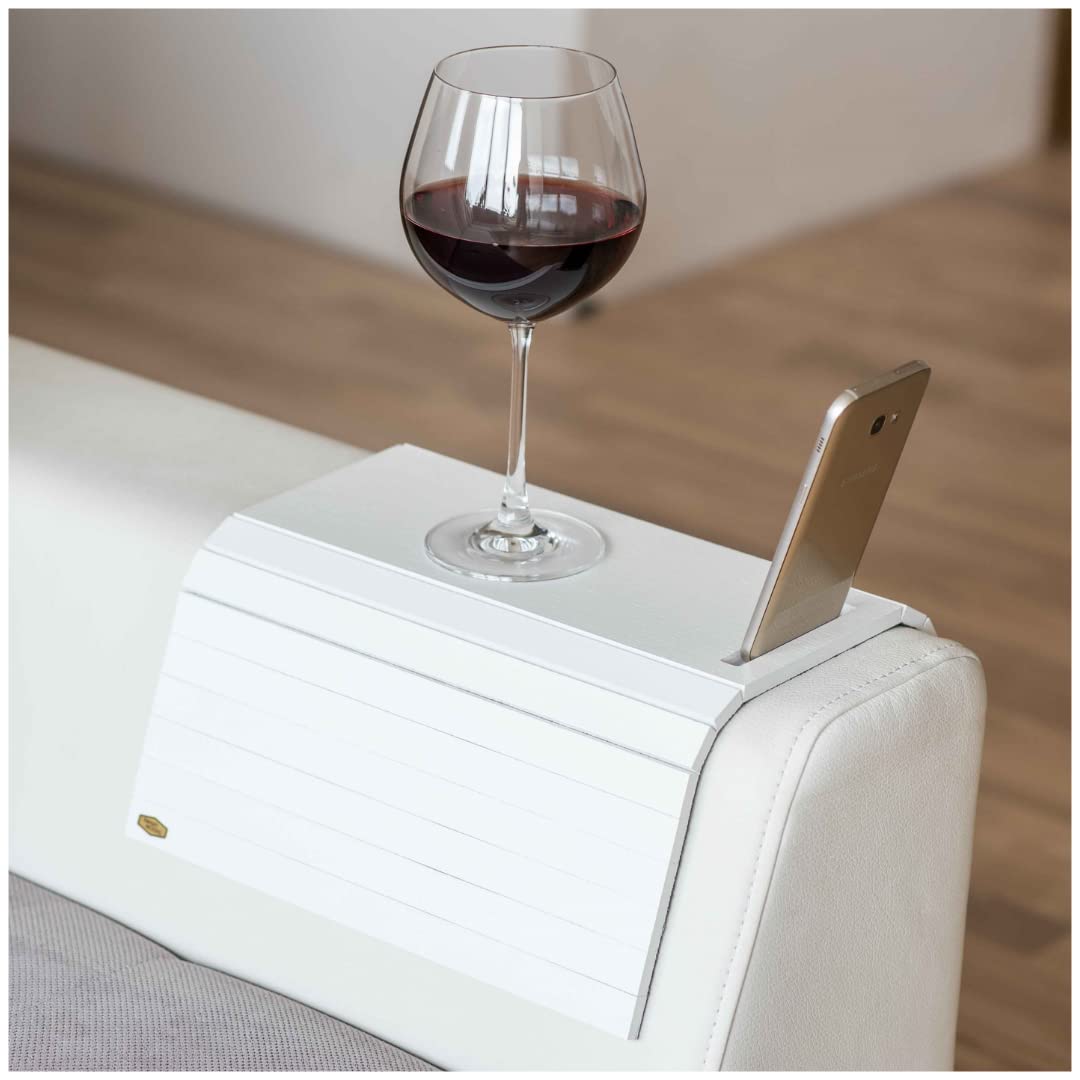 Foldable Wooden Sofa Arm Tray Table - Couch & Bedside Coffee Cup Holder, Phone Stand, End Protector - White - Perfect for Living Room, TV Chair & Relaxing with Drinks