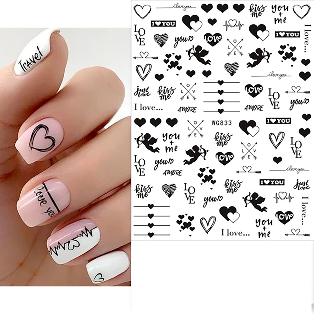 6 Sheets 3D Heart Nail Art Stickers - Self-Adhesive Black & Red Cupid Love Nail Decals for Natural & Acrylic Nails | Valentine's Day Nail Designs & Romantic Date Night Nail Decor