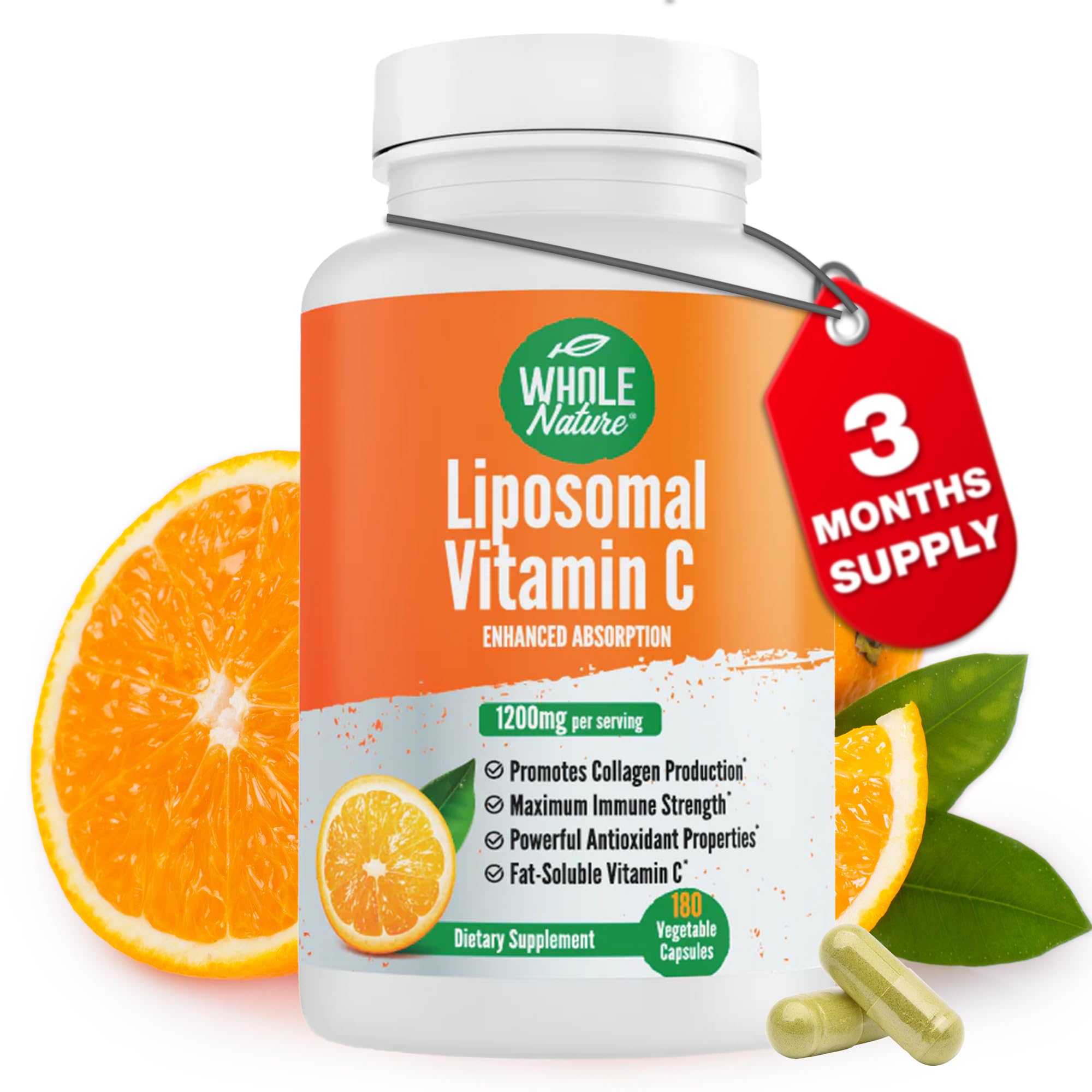 Liposomal Vitamin C 1200mg Supplement - 180 Vegan Capsules for High Absorption | Fat Soluble Vitamin C with Sunflower Lecithin | Maximum Strength Immune Support & Collagen Booster | Ideal for Daily Wellness & Skin Health