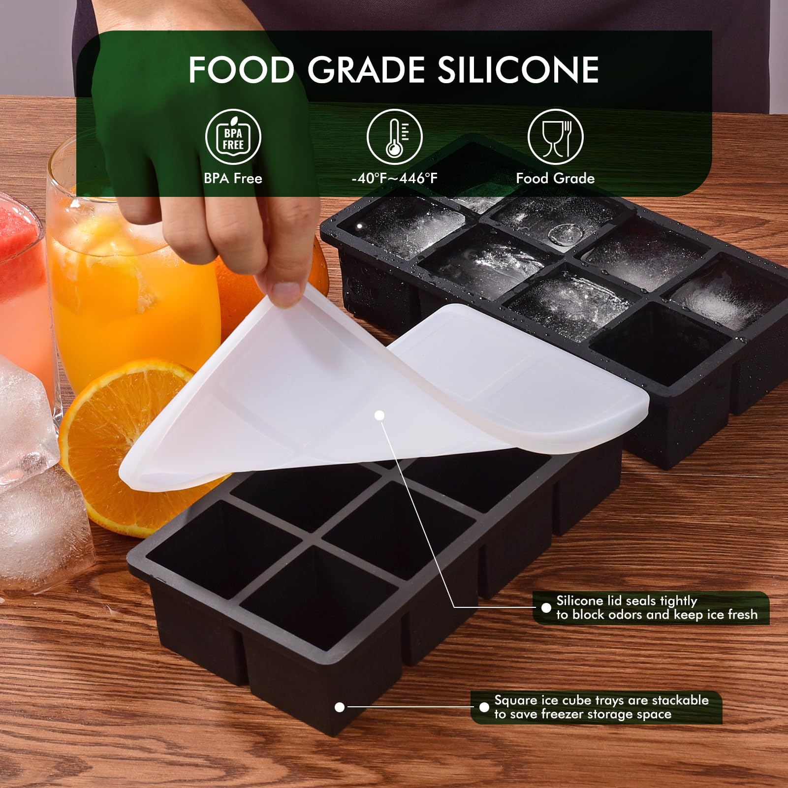 Silicone Ice Cube Tray with Lid - Large Square Ice Molds for Whiskey, Cocktails, Coffee & Juice - Easy Release, Stackable & Space Saving - Perfect for Home Bars, Parties & Office Use (8 Square Cubes)