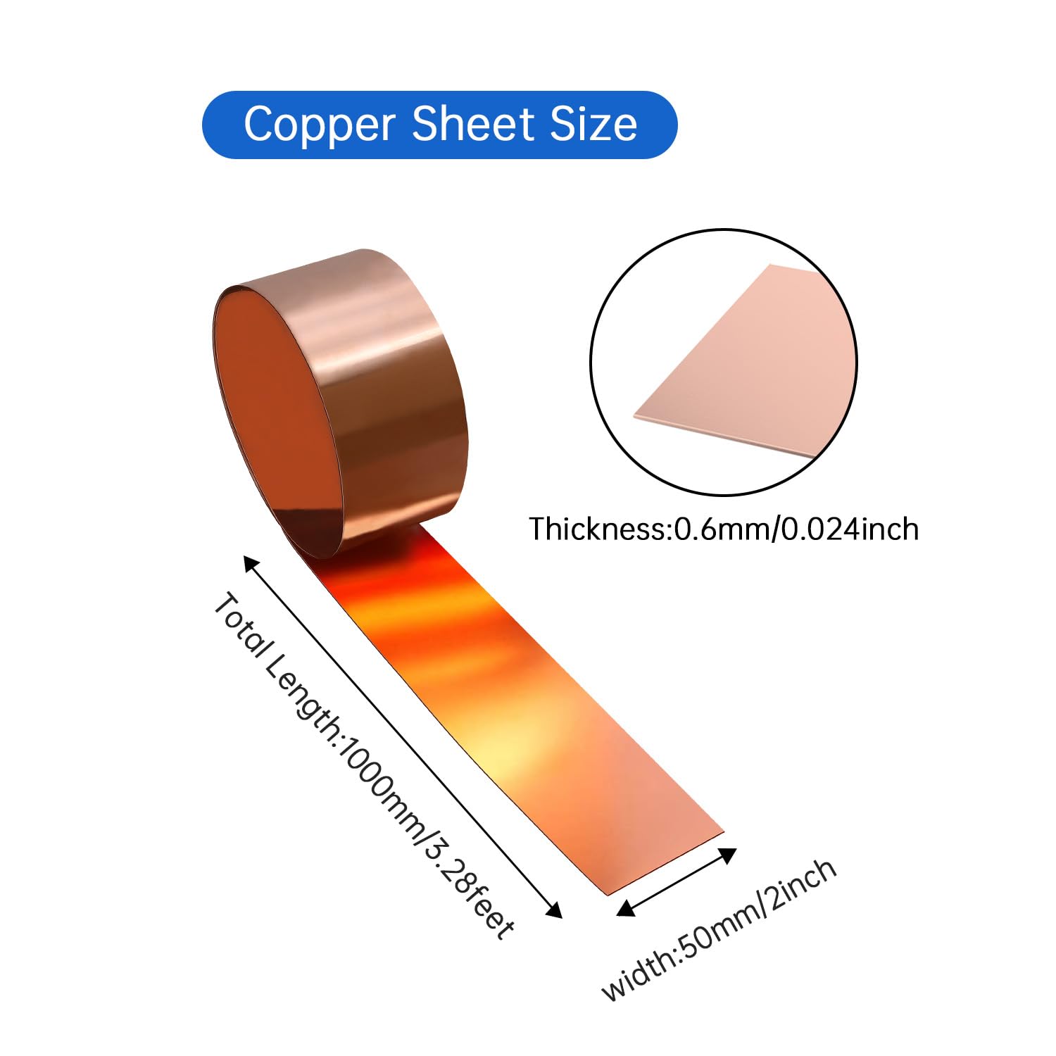 Premium Copper Sheet Roll 1000x50x0.6mm - Heavy Duty Copper Flashing for Roofing, Gutters & DIY Projects | Weatherproof Metal for Home Repair, Crafting & Metalworking