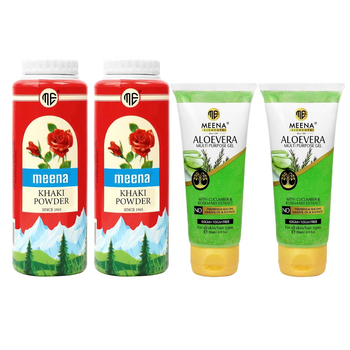 Meena Elements Khaki Powder 100g x 2 - Skin Brightening & Glowing Face Mask with Natural Ingredients | Aloe Vera Gel 60g + 10g Free (Vitamin E Enriched) for Skin & Hair Care - Men & Women Combo Pack of 4 | Perfect for Daily Skincare Routine & Spa Treatments at Home