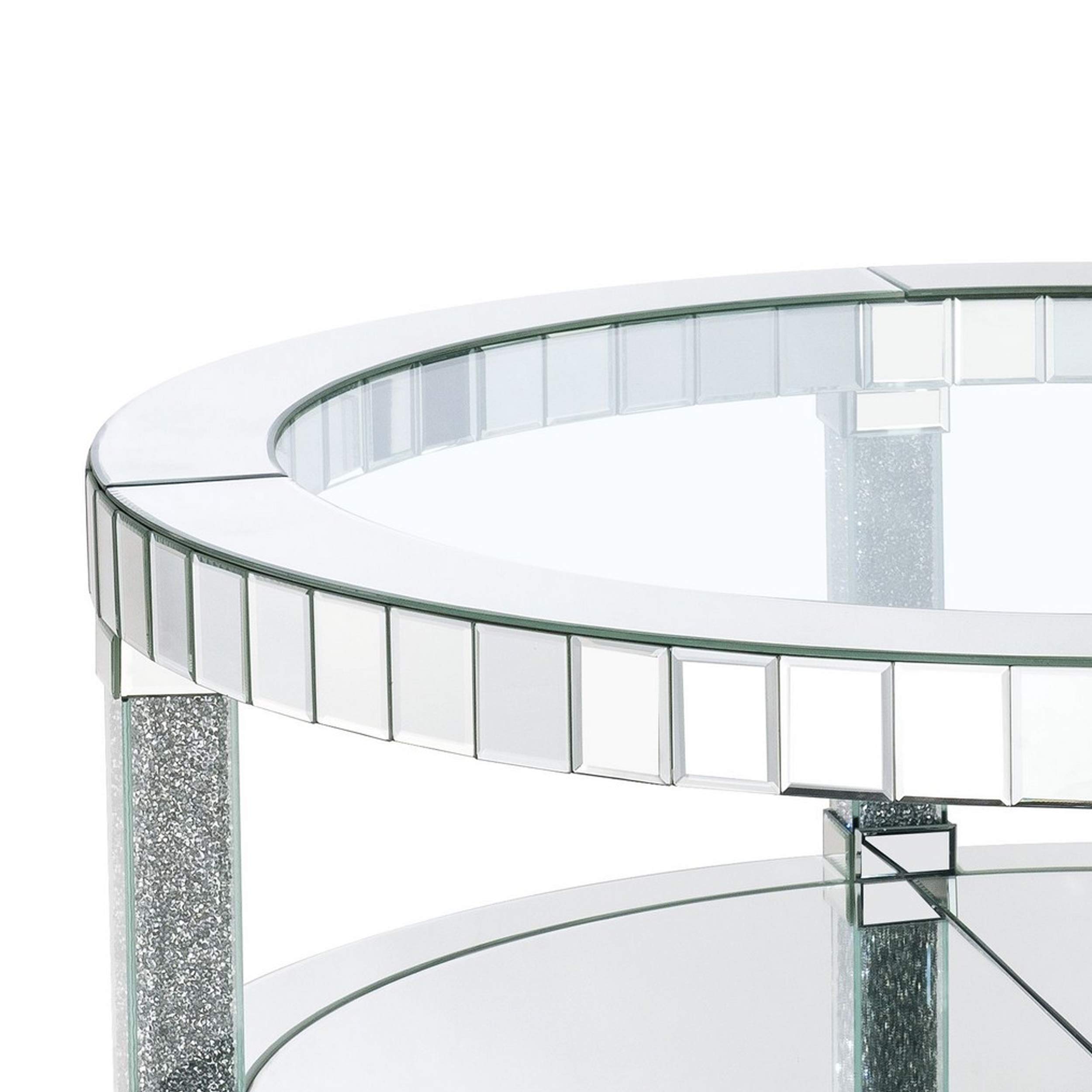 Benjara Silver Round Mirrored Coffee Table with Faux Diamond Accents and Bottom Storage Shelf - Perfect for Living Room, Lounge & Modern Home Decor