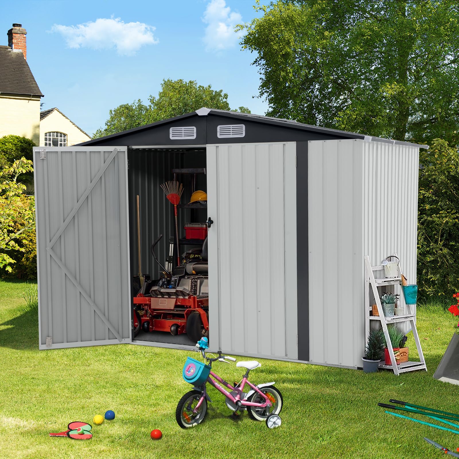Verano Garden 8x6 FT Outdoor Storage Shed | Galvanized Steel Metal Garden Shed with Double Doors & Lock | Weatherproof Tool House for Backyard, Patio, Lawn & Garden Organization | Perfect for Storing Lawn Mowers, Gardening Tools & Outdoor Equipment