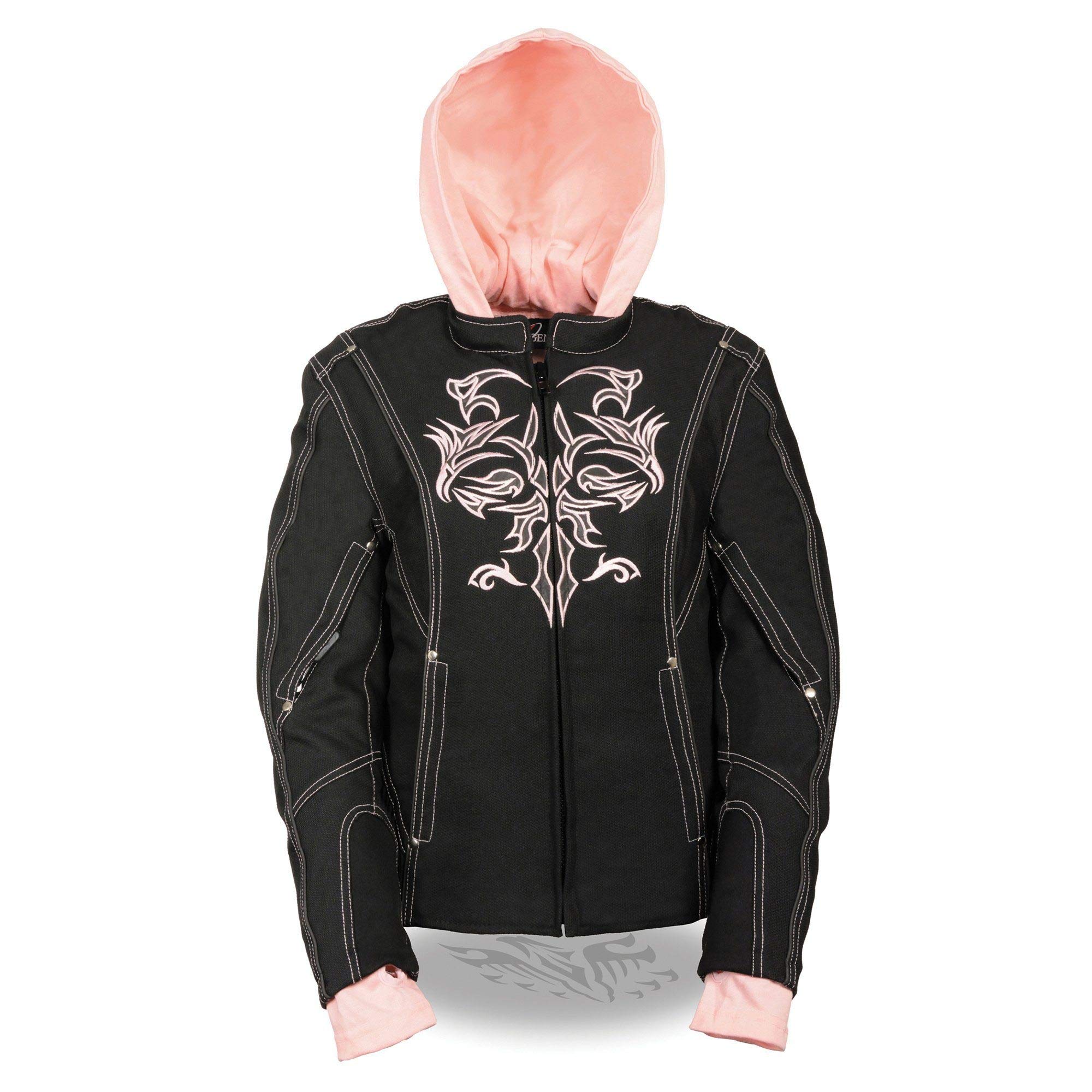 Milwaukee Leather NexGen SH1966 Women's Black & Pink 3/4 Motorcycle Jacket with Reflective Tribal Design & Detachable Hood - Perfect for Riding, Commuting & Outdoor Adventures