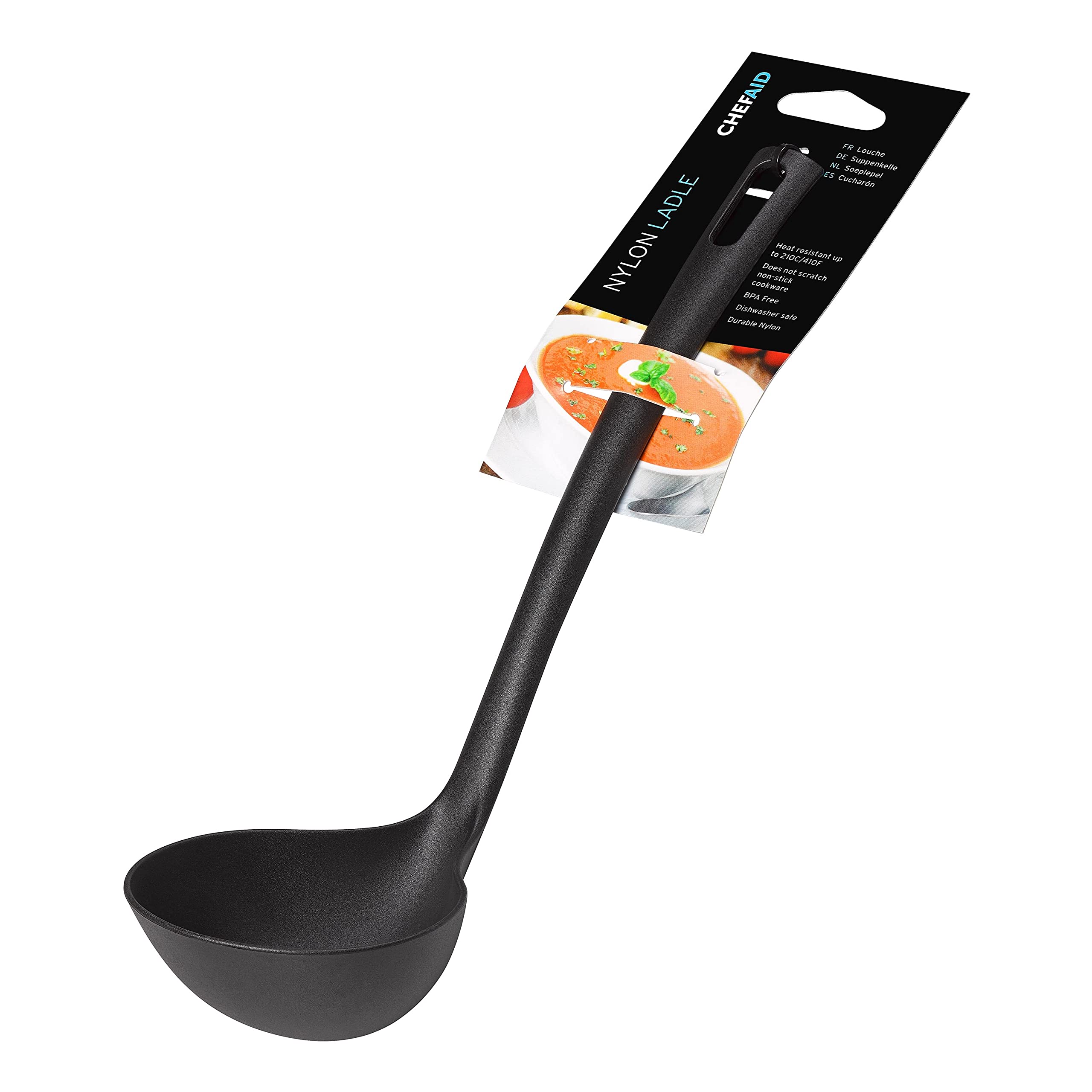 Chef Aid Black Nylon Ladle - BPA-Free Kitchen Utensil for Non-Stick Cookware - Safe & Durable Cooking Spoon - Perfect for Soups, Sauces & Stirring
