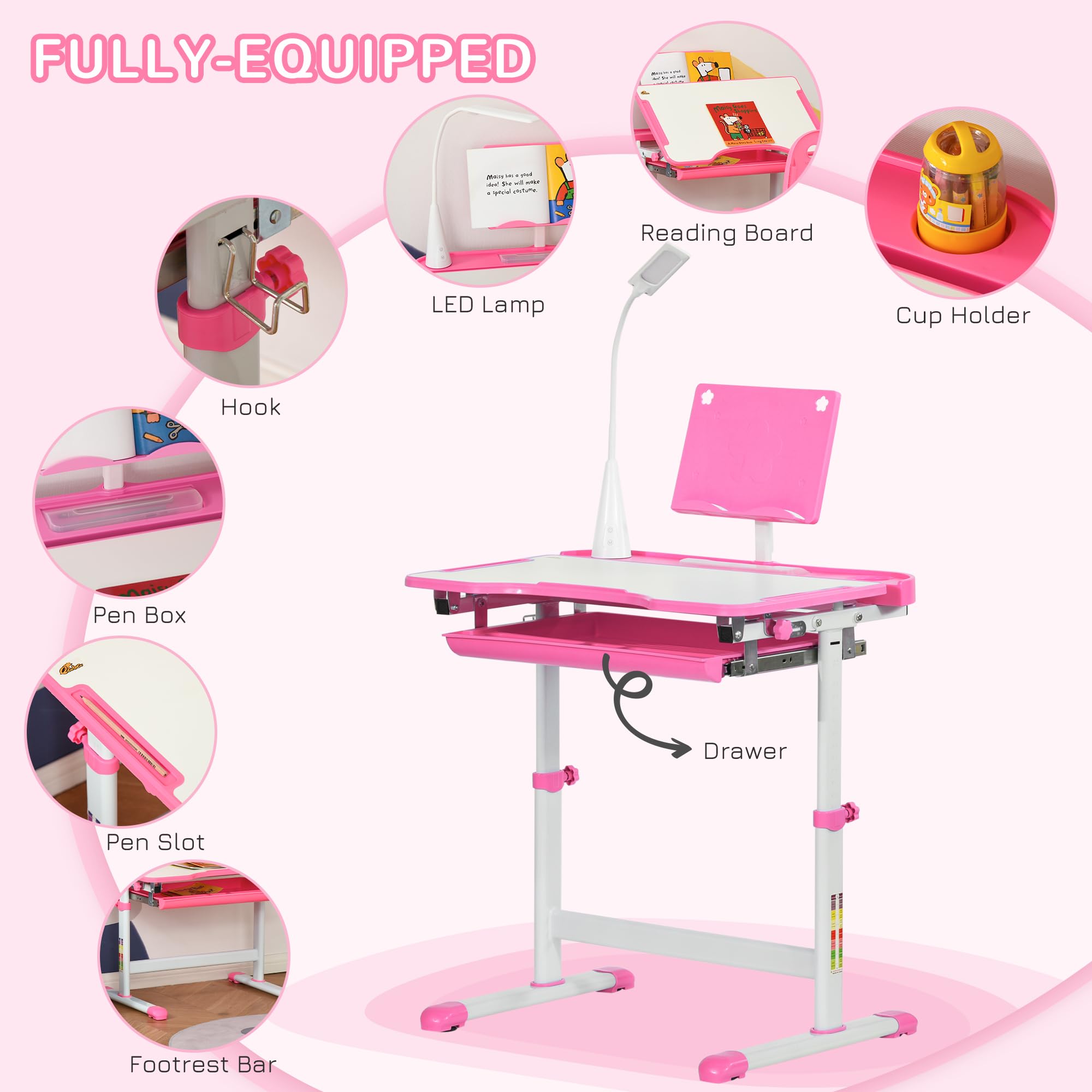 Qaba Adjustable Kids Desk and Chair Set with Tilt Desktop, USB Light & Storage Drawer - Ergonomic Study Table for Children, Perfect for Homework, Drawing, Crafts & Online Learning (Pink & White)
