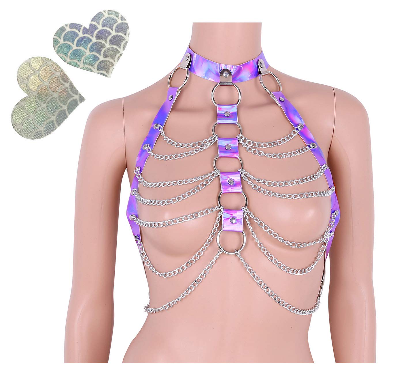 Holographic Rave Body Harness with Chest Cage, Choker & Chain Belts - Festival Costume with Pasties for EDM, Music Festivals & Clubwear Roleplay - Perfect for Rave Parties, Cosplay & Nightclub Outfits