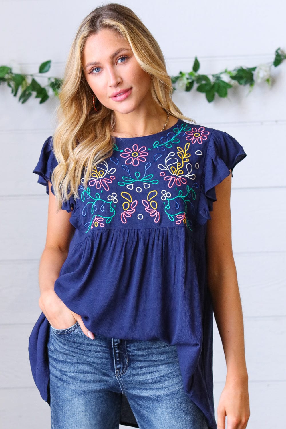 Navy Blue Floral Embroidered Flutter Sleeve Blouse for Women - Elegant Boho Chic Tunic Top for Casual Wear, Date Night & Summer Outfits