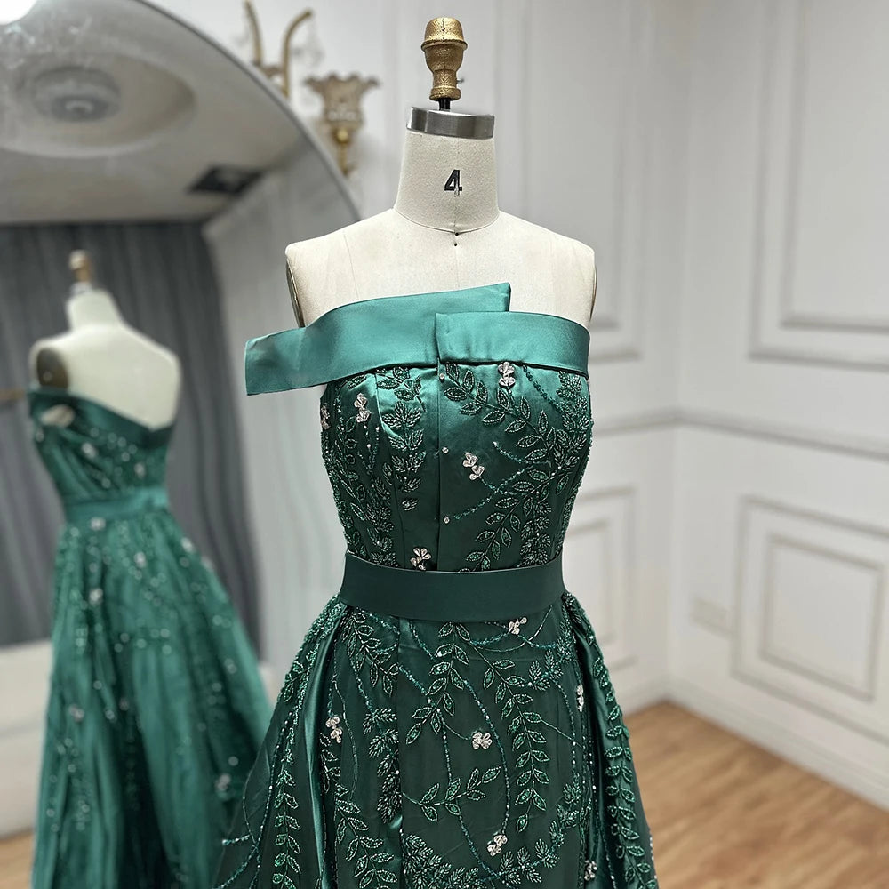 Luxury Dubai Green Arabic One Shoulder Satin Evening Gown Beaded Dress with Overskirt and Split - Elegant Formal Wear for Weddings, Galas & Special Occasions