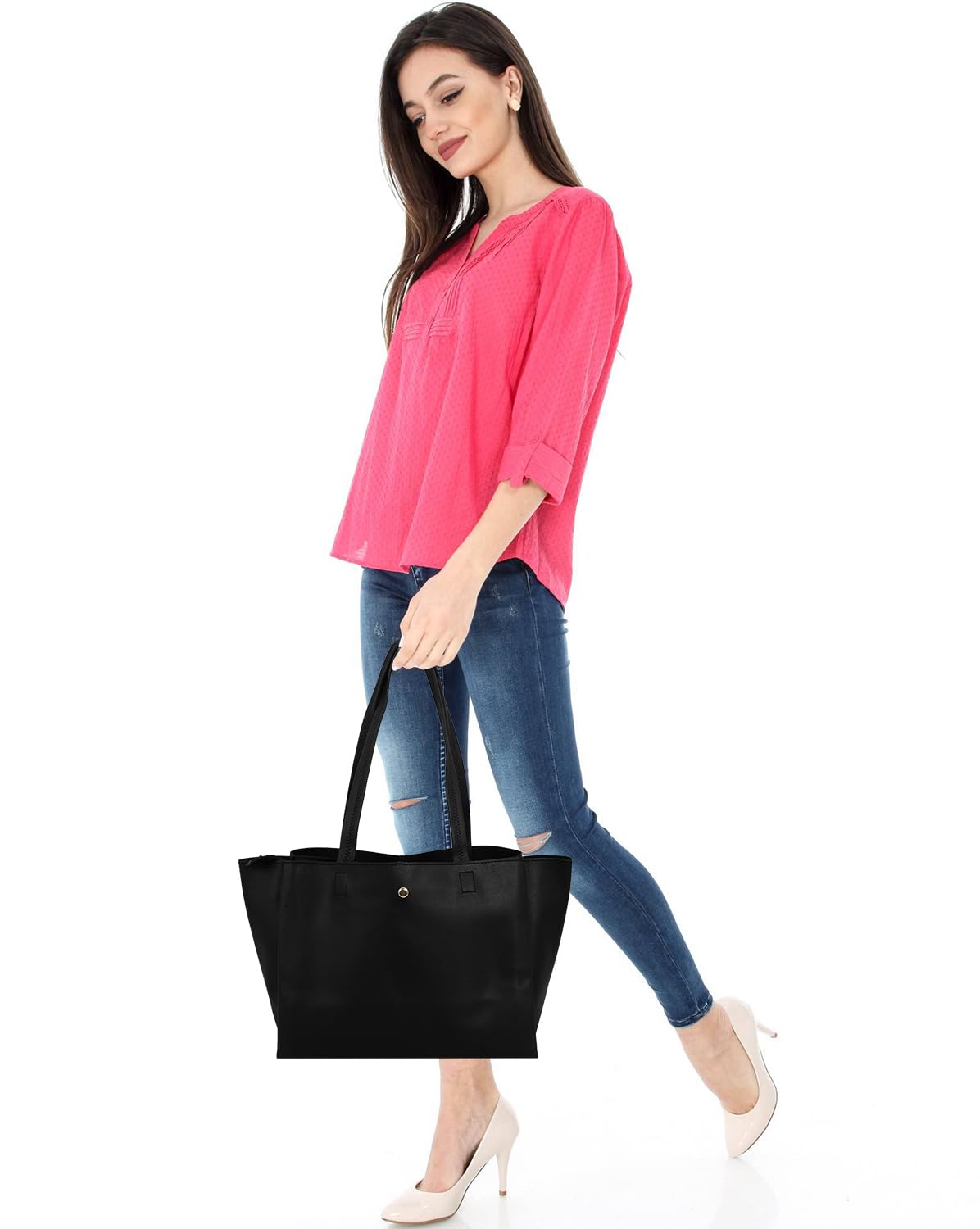 Brightfashion Women's Stylish PU Leather Tote Bag in Pink - Perfect for Work, Travel & Everyday Use