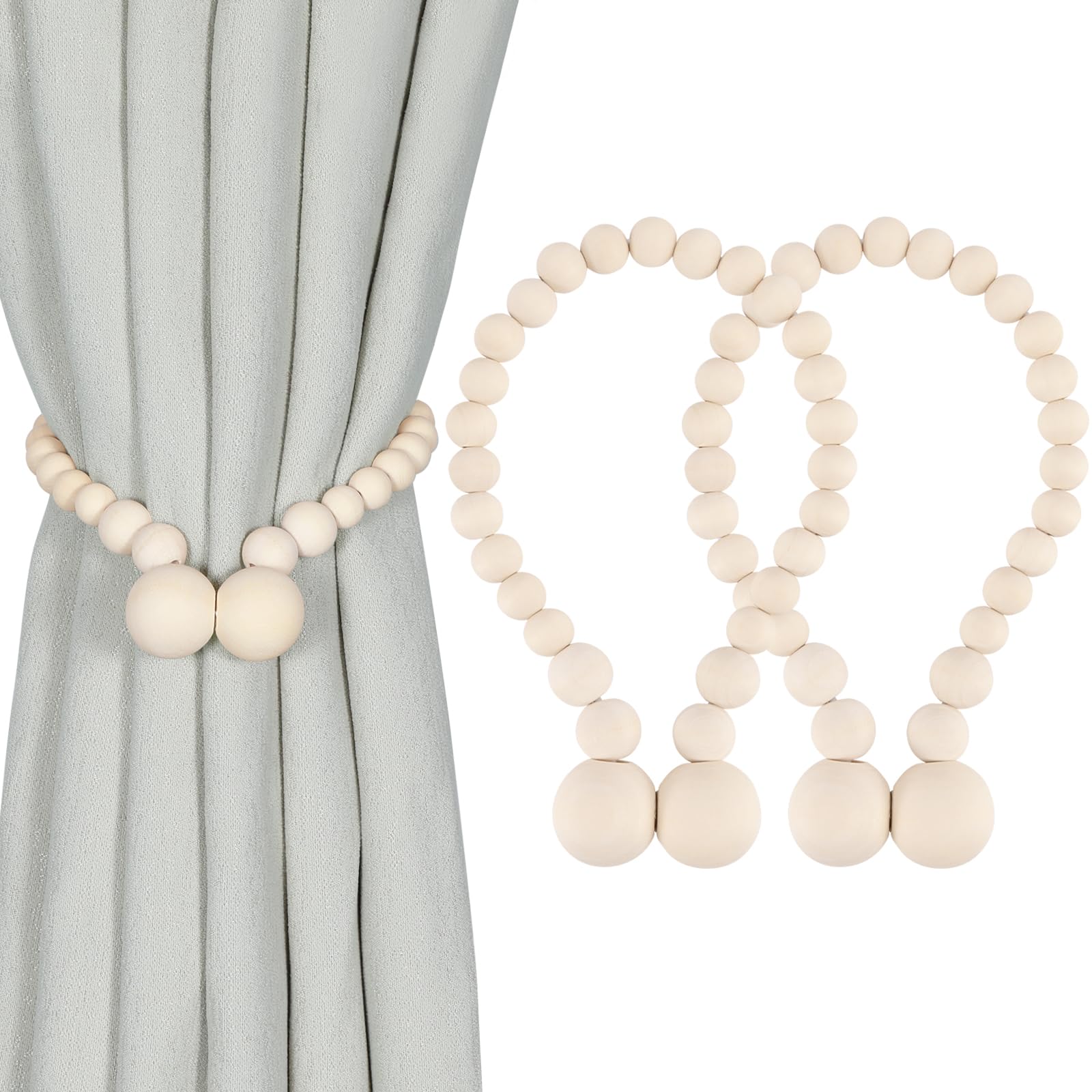 Magnetic Wood Bead Curtain Tiebacks 2 Pack - Boho Farmhouse Decor for Bedroom & Nursery