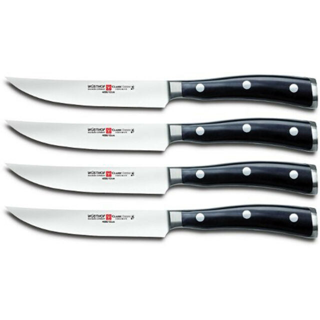 Premium Ikon 4-Piece Steak Knife Set - Razor Sharp Serrated Blades for Perfect Cuts - Ideal for Steak Dinners, BBQ Parties & Fine Dining Experience