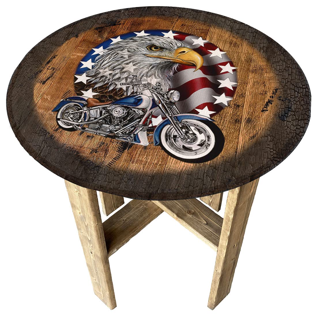American Flag Eagle Wooden Whiskey Barrel End Table - Rustic Farmhouse Decor for Motorcycle Enthusiasts & Patriotic Home Styling - Perfect for Living Room, Man Cave, or Outdoor Patio