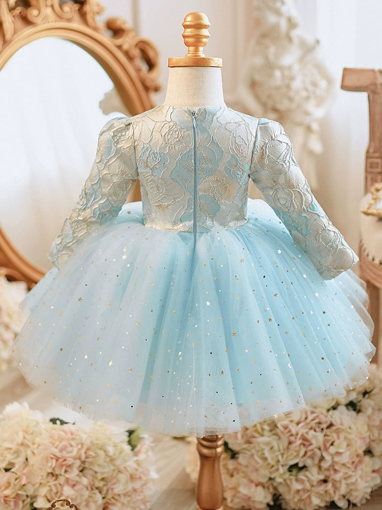 Blue Princess Round Tea Length Lace Flower Girl Dress for Weddings, Baptisms & Special Occasions