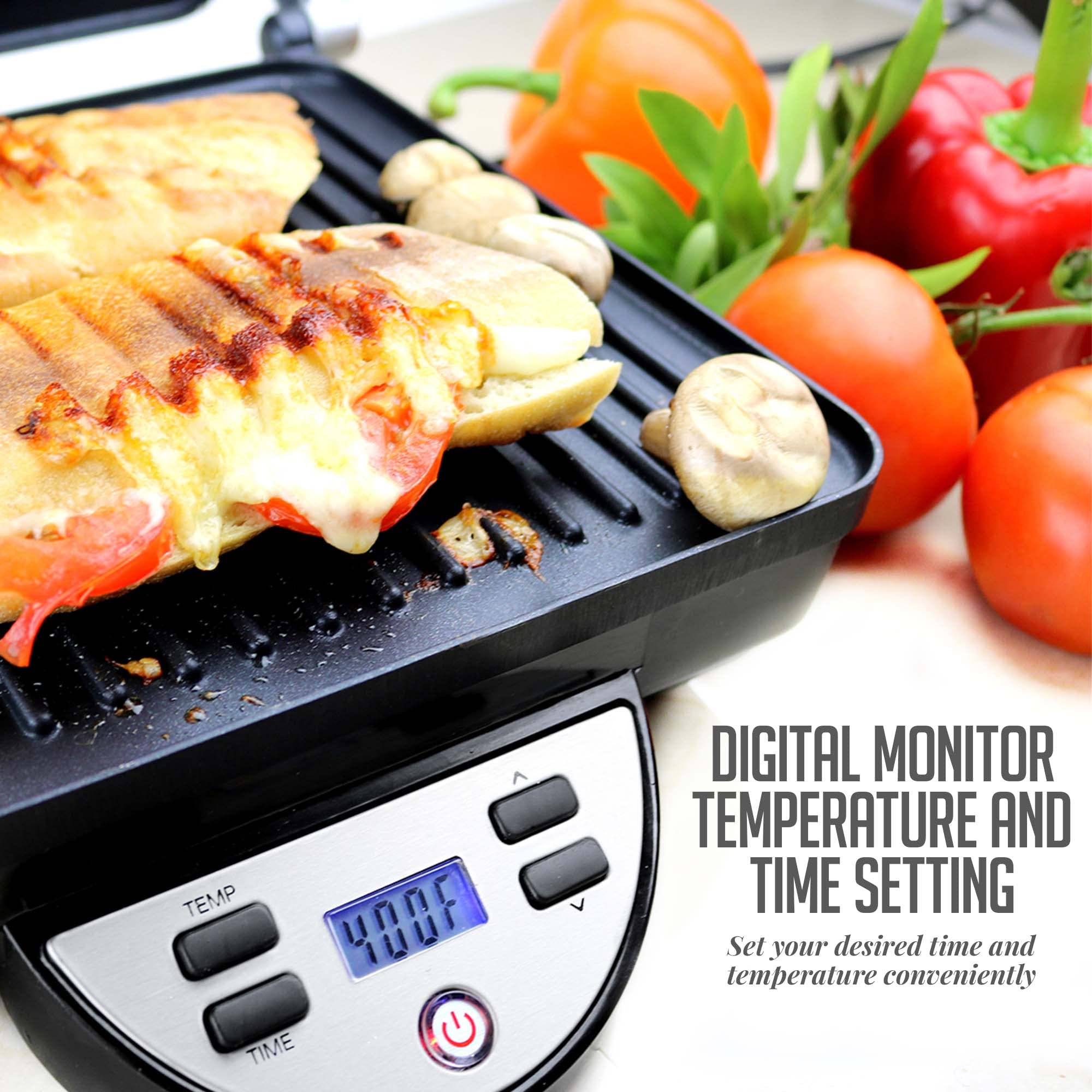 OVENTE 1500W Electric Panini Press Sandwich Maker - Nonstick Indoor Grill with Digital Timer & Temperature Control, Removable Drip Tray - Perfect for 4-Slice Sandwiches, Burgers & Breakfast - Ideal for Home, Office & Camping (Silver GP1000BR)