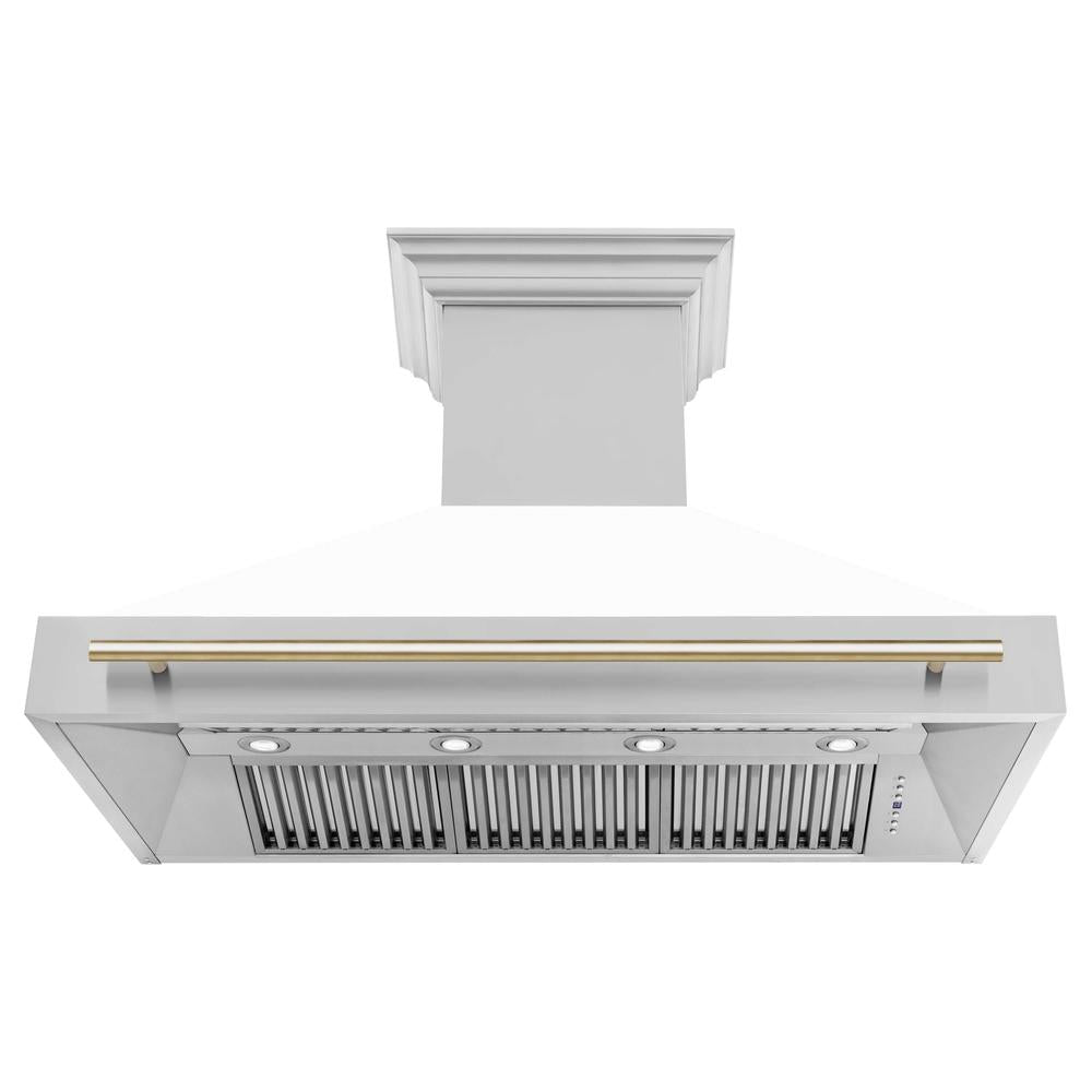 ZLINE Autograph Edition 48-inch Stainless Steel Dual Fuel Range with White Matte Door & Range Hood with Polished Gold Accents - Professional Kitchen Package for Modern Homes | Perfect for Gourmet Cooking & Entertaining
