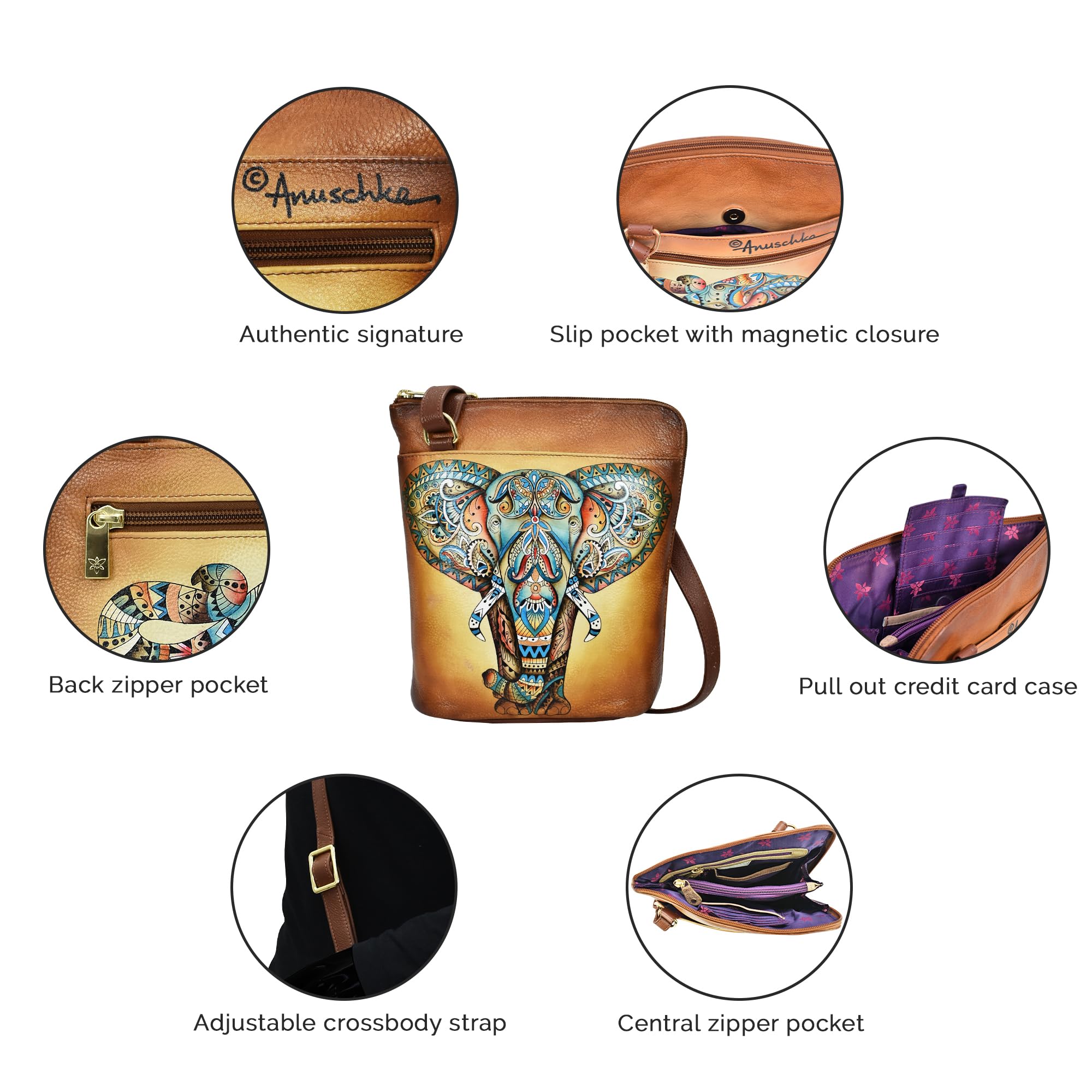 Anuschka Women's Hand-Painted Genuine Leather Crossbody Bag - Adjustable Strap & Extended Side Zipper - Perfect for Travel, Work & Everyday Use