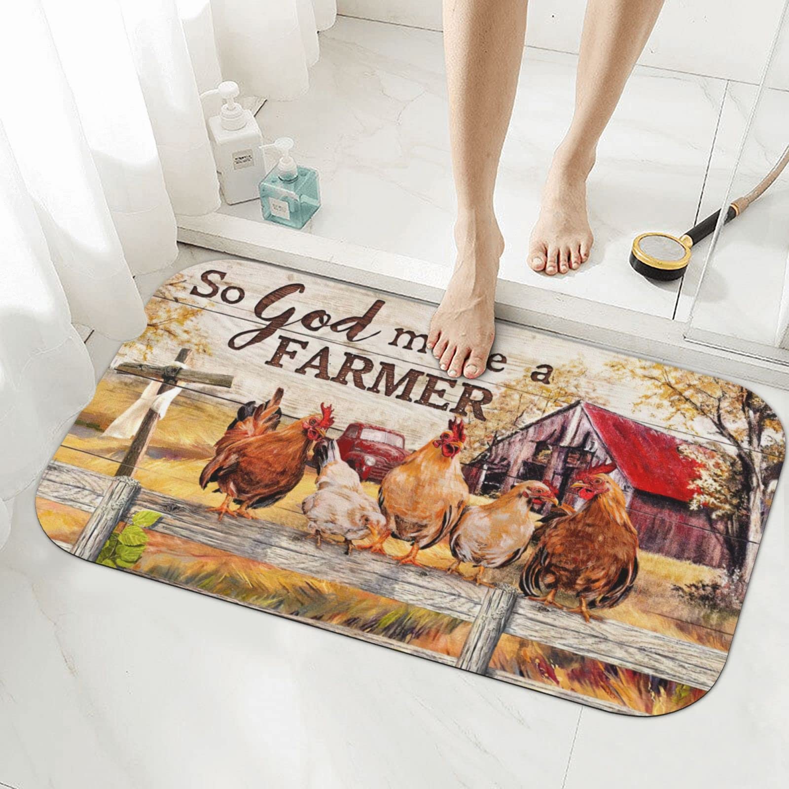 Premium Diatomaceous Earth Bath Mat - Non-Slip, Quick-Drying & Super Absorbent - Natural Diatomite Floor Mat for Bathroom, Shower & Kitchen - Chicken Tranquil Farm Design - Perfect for Home Decor & Spa-Like Relaxation