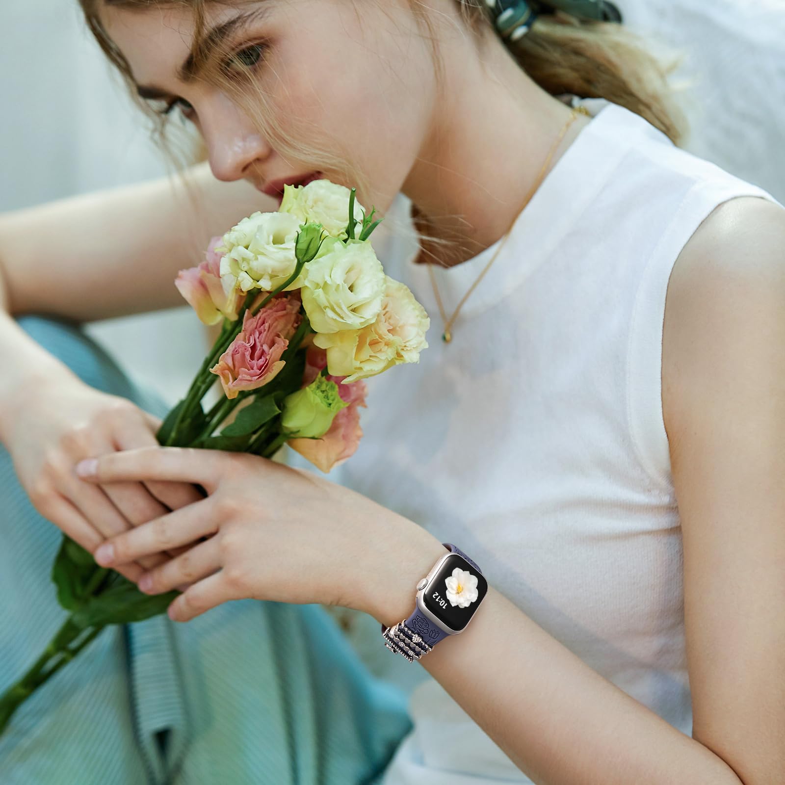 DaQin Floral Engraved Silicone Band Compatible with Apple Watch Series 9/8/7/6/5/4/3/2/1/SE - 38mm 40mm 41mm 42mm 44mm 45mm Women's Fashion Watch Strap with Decorative Charms - Perfect for Workouts, Office Wear & Everyday Style