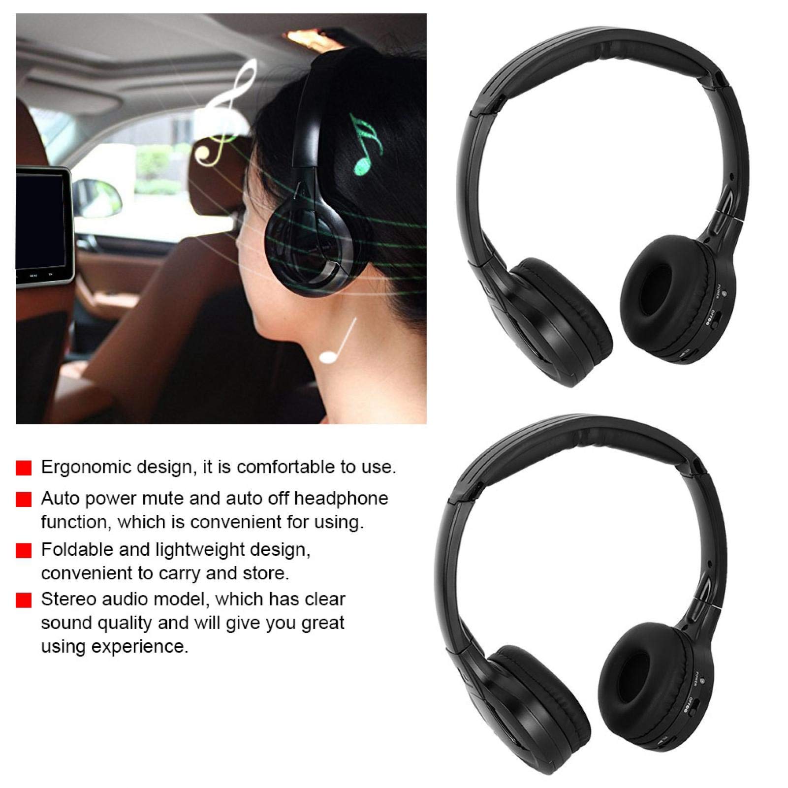 Kuuleyn Wireless IR Stereo Headphones for Car - 2 Channel Cordless Infrared Audio Headphones for Car Headrest DVD (2 Pack) | Perfect for Road Trips & Family Travel Entertainment