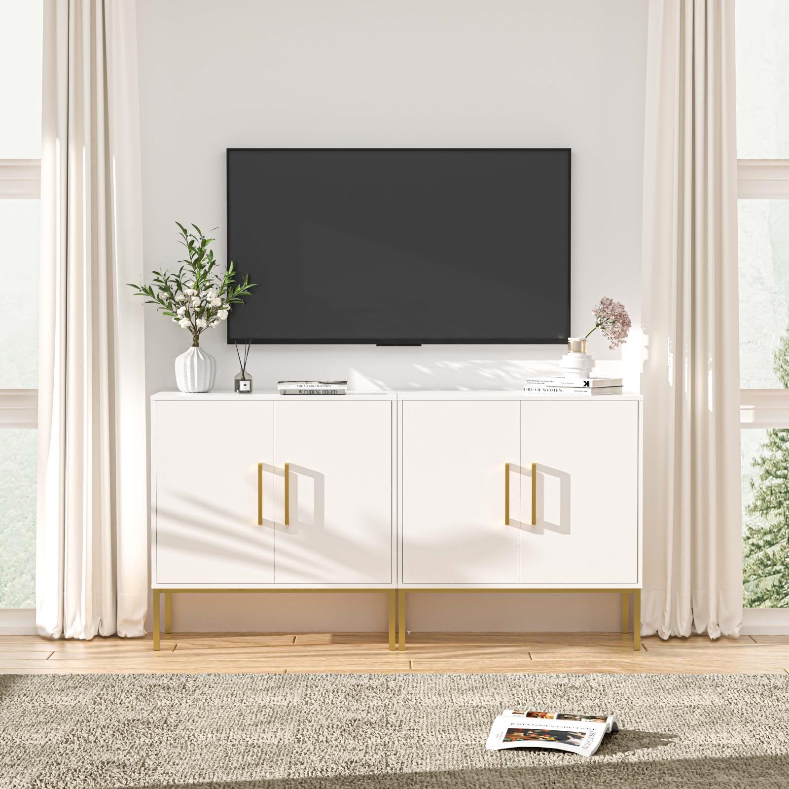 LYNSOM 2-Piece White Accent Storage Cabinet Set with Doors & Adjustable Shelves - Freestanding Office Cabinet, Modern Sideboard Buffet Table for Dining Room, Living Room, Hallway - Perfect for Home Organization & Stylish Storage Solutions