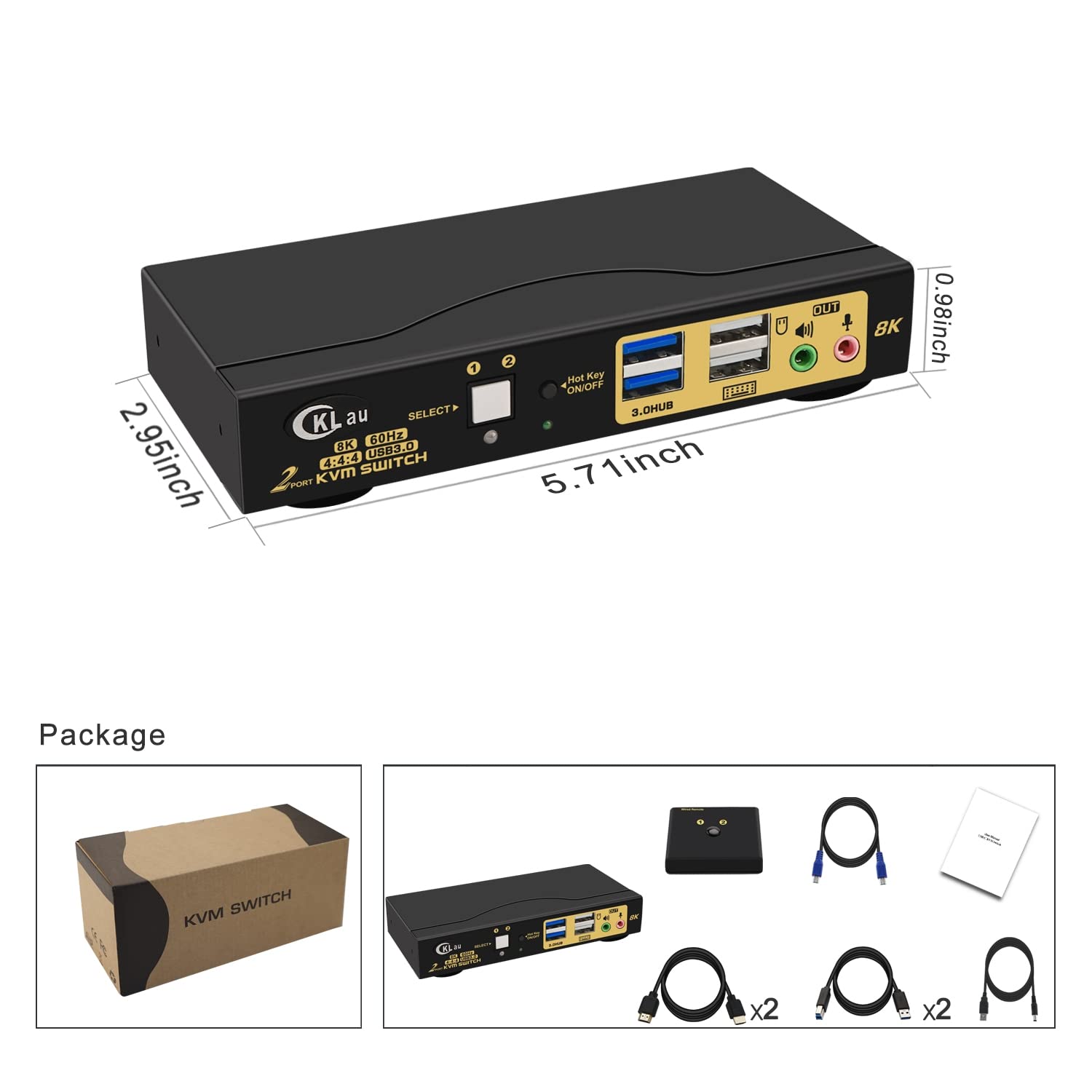 CKLau 2 Port USB 3.0 HDMI 2.1 KVM Switch - 8K@60Hz 4K@144Hz with Audio Output & Cables - Share 2 Computers on 1 Monitor with Keyboard & Mouse - Perfect for Gaming, Home Office & Multi-Device Workspaces