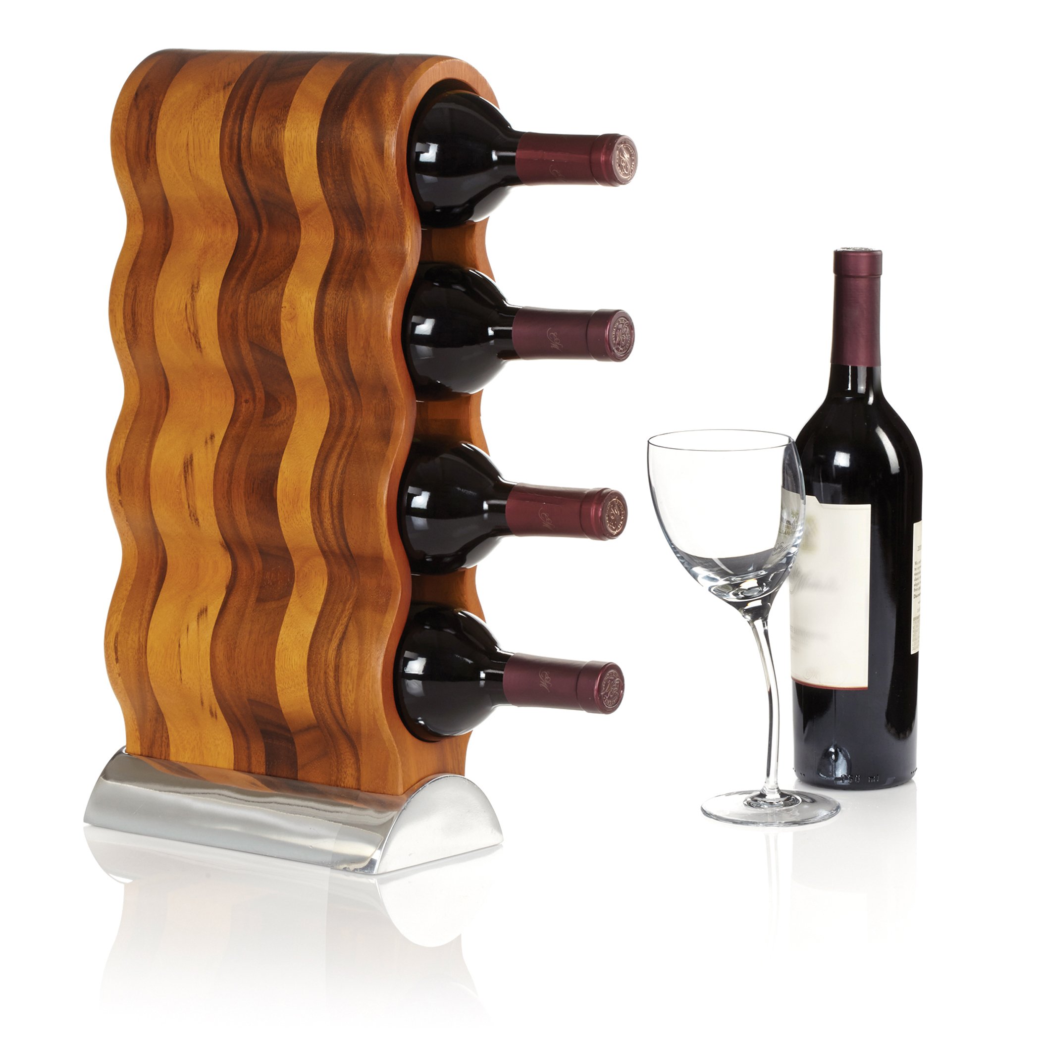 Nambe Curvo Acacia Wood & Silver Alloy Wine Rack - Modern Countertop Wine Bottle Holder for Kitchen, Dining Room & Home Decor - Space-Saving Wine Storage Solution by Steve Cozzolino
