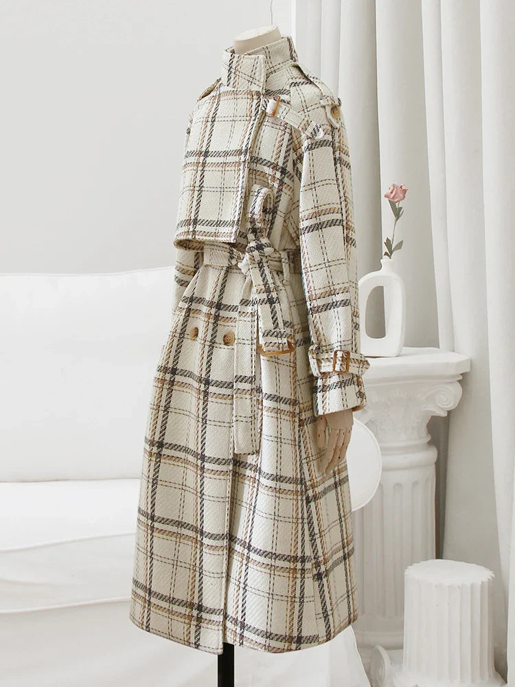Women's Autumn Winter Long Loose Warm Plaid Wool Blend Trench Coat - Raglan Sleeve, Belted Double Breasted Wool Overcoat for Office, Travel & Casual Wear