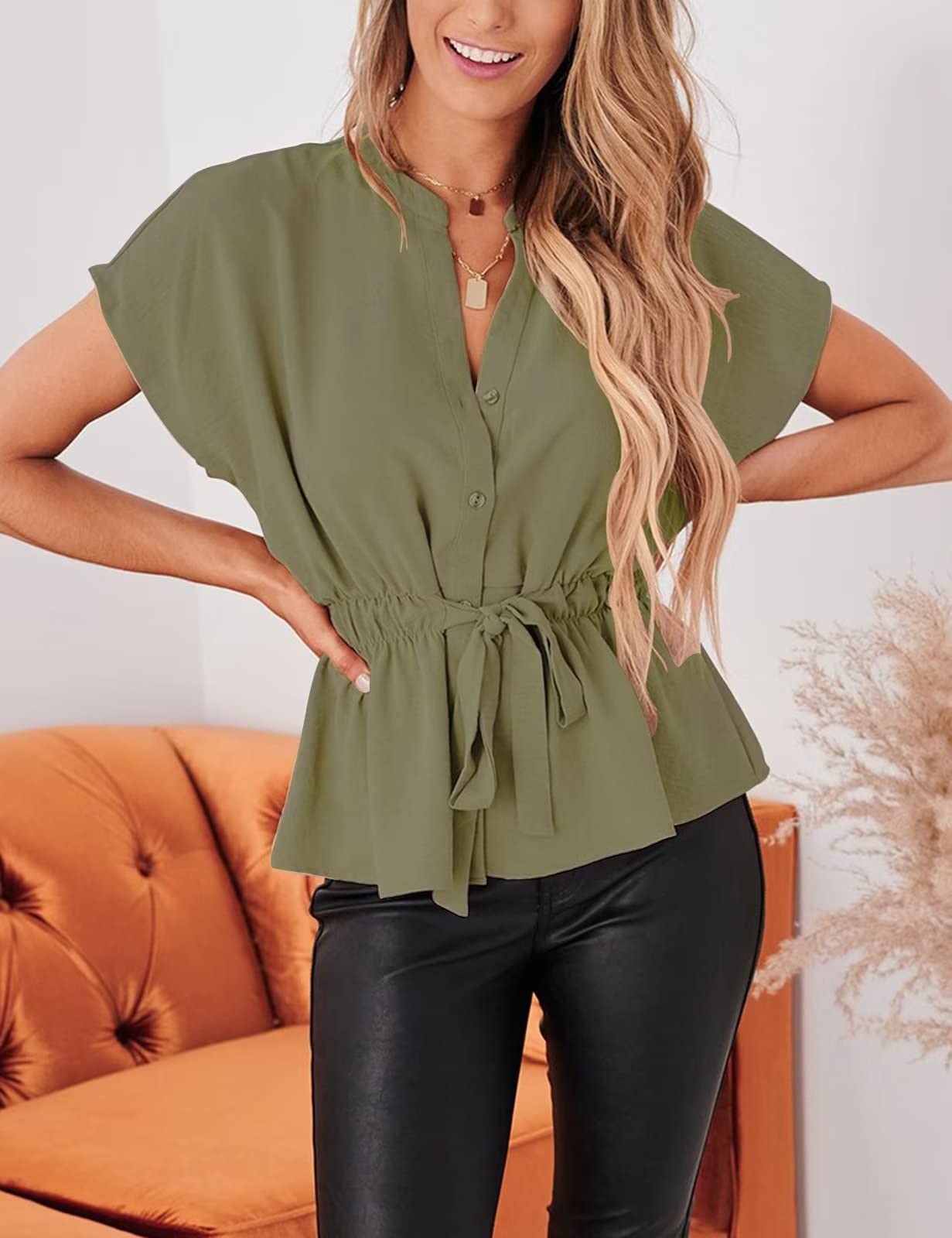 Women's Casual Peplum Button Down Blouse - Chiffon Summer Work Tops for Office, Business Meetings & Dressy Occasions