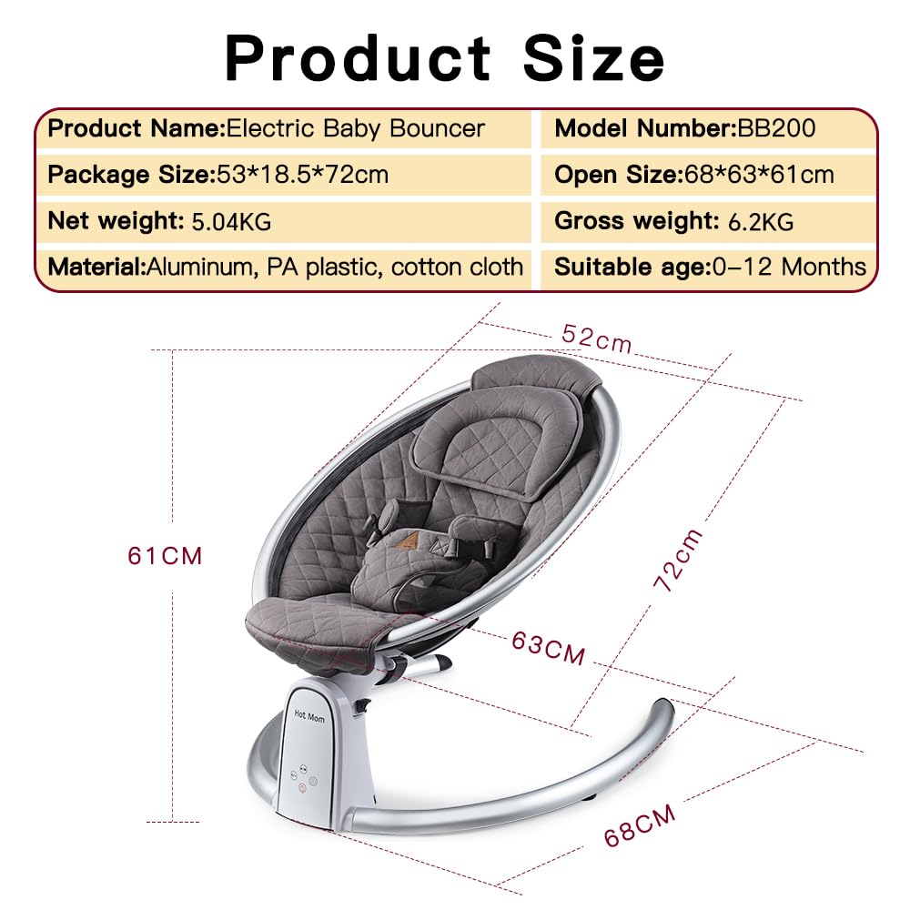 Smart Bluetooth Baby Swing with Music Speaker - Automatic Electric Baby Bouncer & Rocker for Infants - LED Touch Screen, Intelligent Timing - Perfect for Nursery, Daycare & Home Use (Grey)