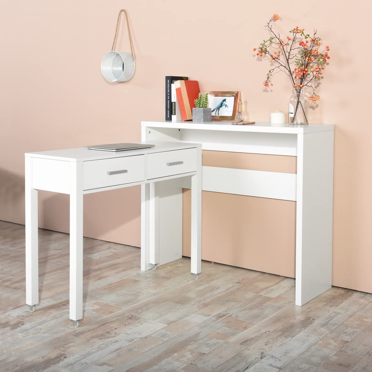 Modern Computer Desk with Pull-Out Secondary Desk & 2 Drawers - Wooden Writing Desk, Home Office Workstation for Small Spaces - Perfect for Remote Work, Online Study & Gaming Setup (White)