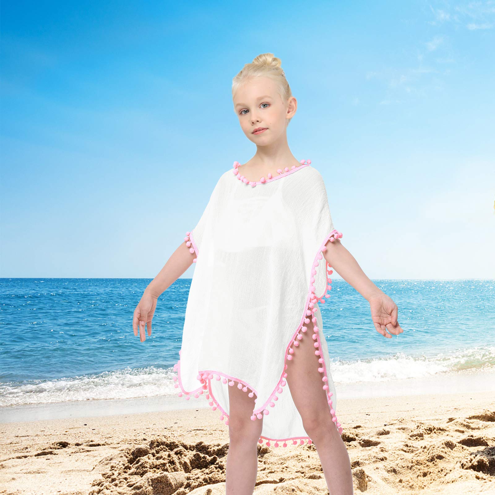 Mermaid Swim Cover Up for Girls - Chiffon Beach Swimsuit Coverup with Pompom Tassel | Perfect for Poolside, Beach Vacations & Summer Outings