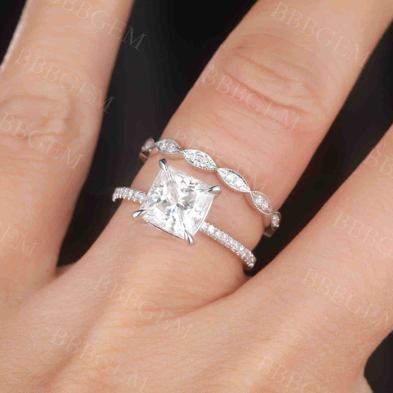 2 Carat Princess Cut Moissanite Engagement Ring Set with Rose Gold Accent & Diamond Side Stones - Perfect for Proposals, Weddings & Anniversary Gifts